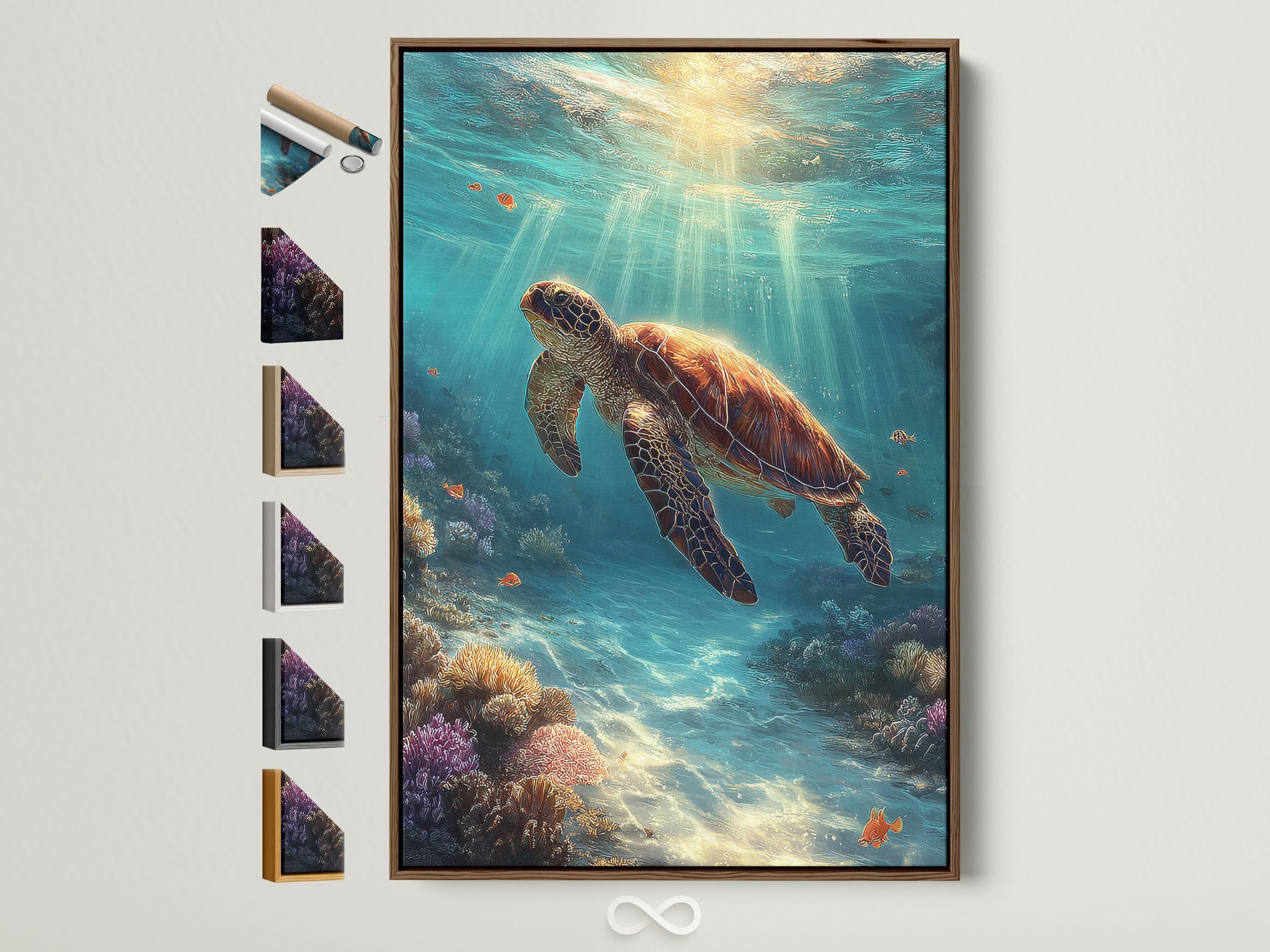 Underwater ocean scene with a swimming sea turtle and coral reef below