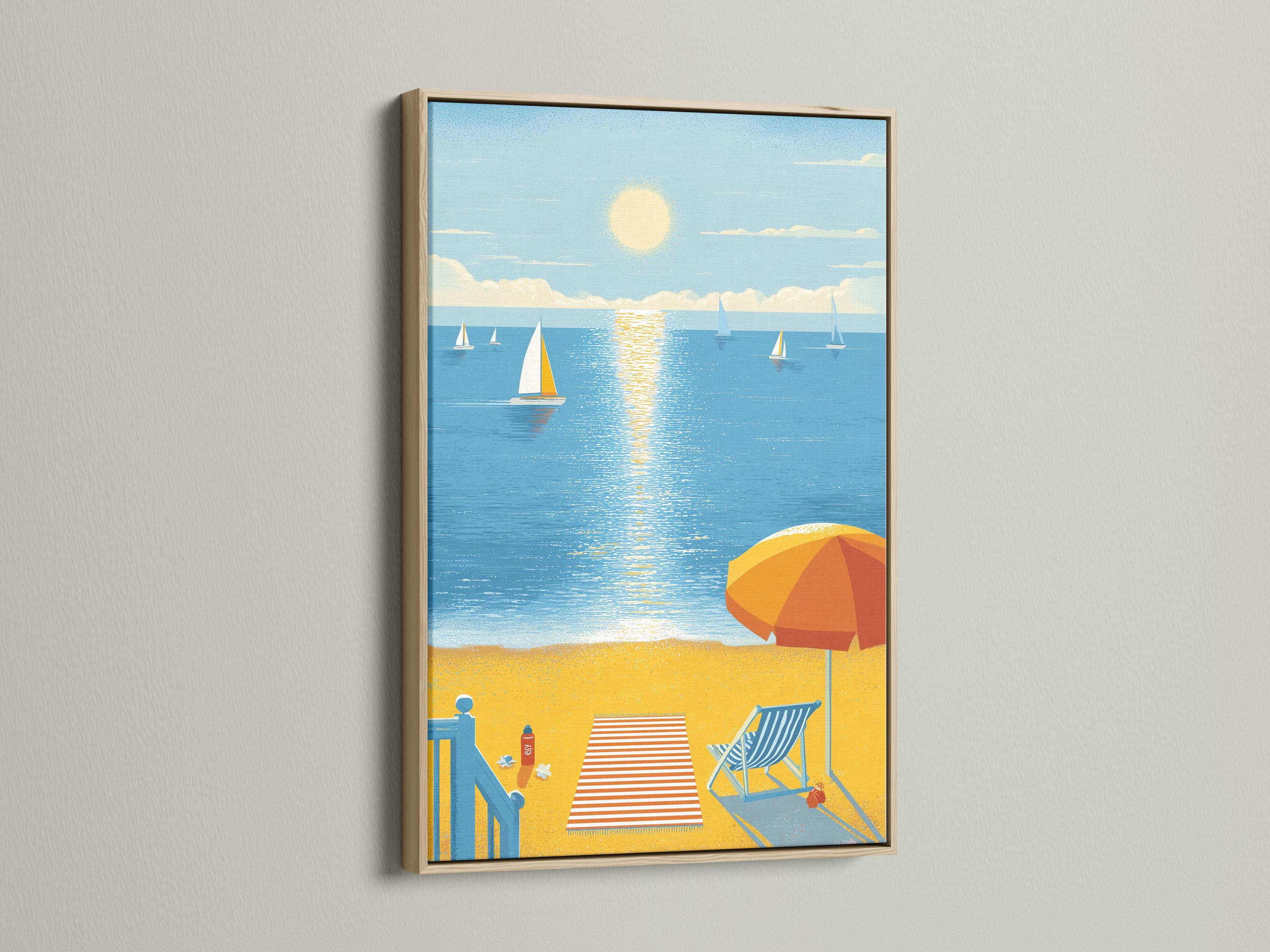Illustrated beach and ocean scene with sailboats, a glowing sun, and an orange umbrella on sandy shore detail view