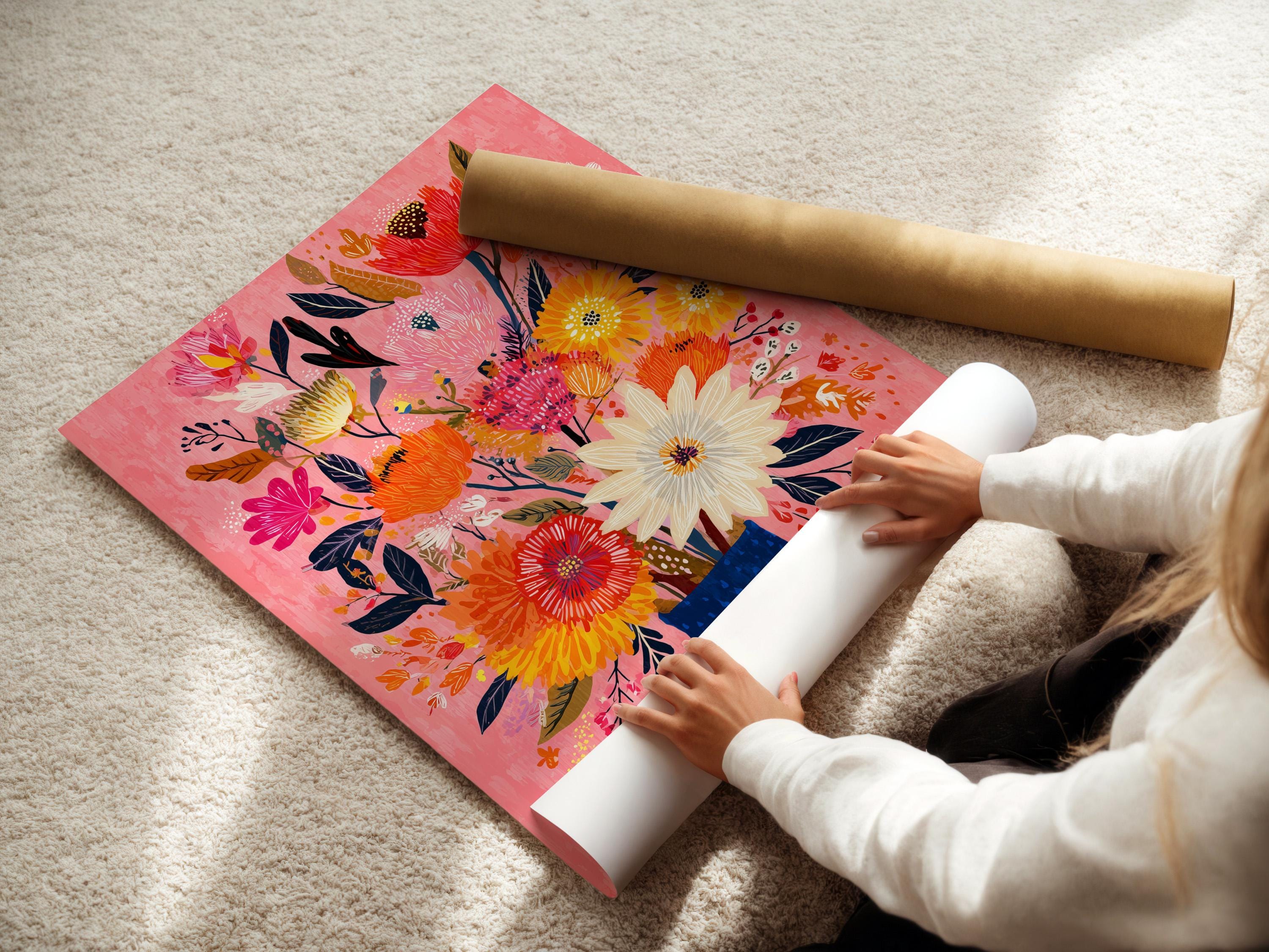 Room mockup showing a framed floral bouquet artwork on a wall