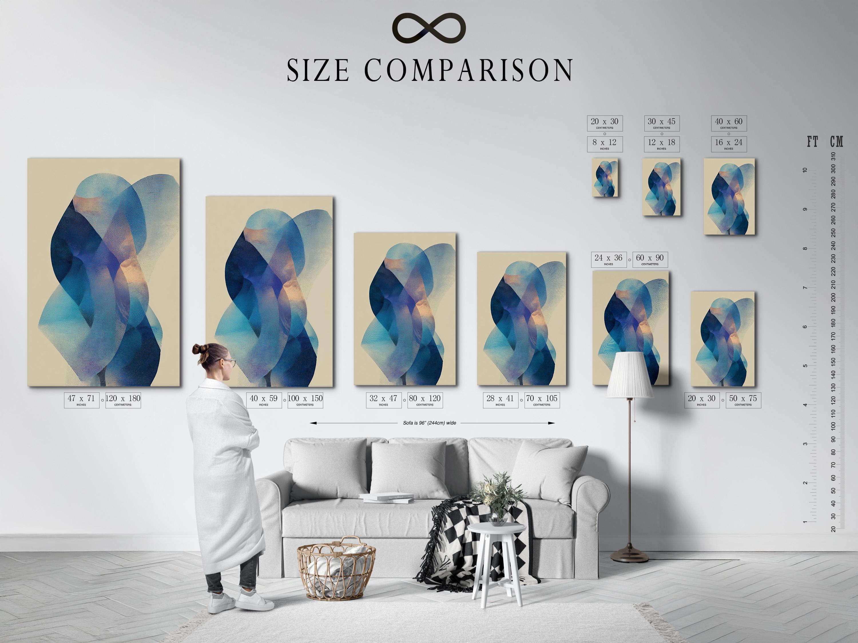 Abstract beige artwork with layered blue and teal circular shapes and a stippled texture detail view
