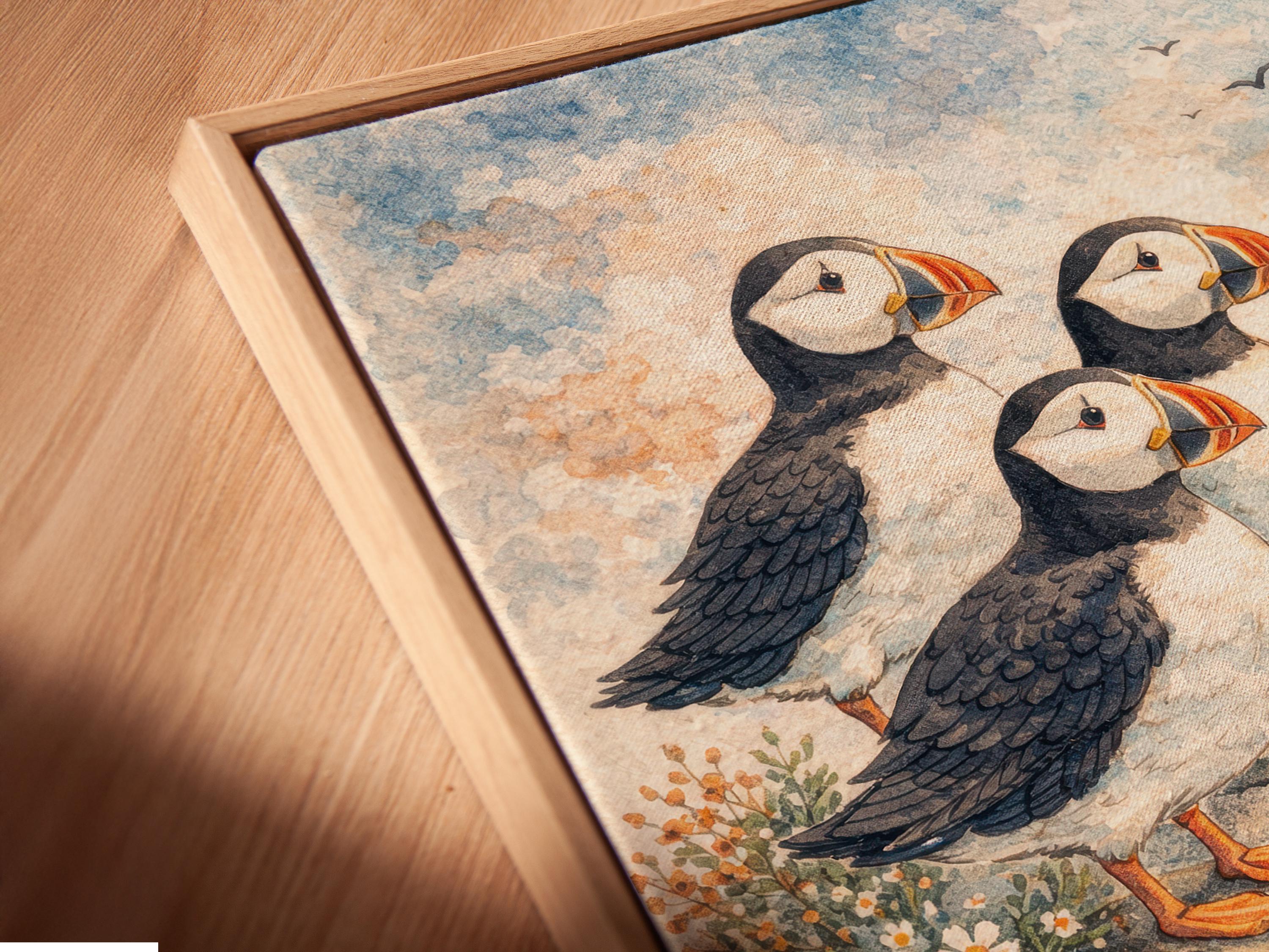 Illustrated puffins perched on a rocky cliff above swirling ocean waves with wildflowers and clouds detail view