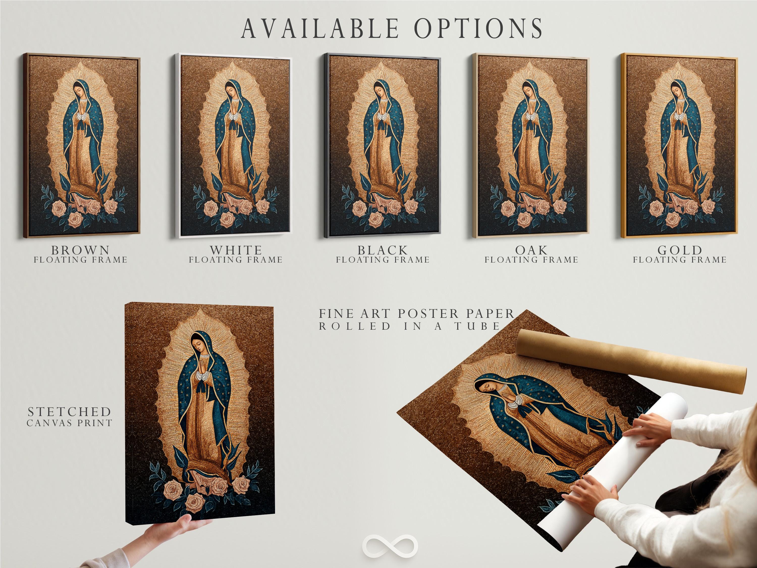 Woman praying beside a framed Virgin Mary portrait on a wall above a table with candles and flowers