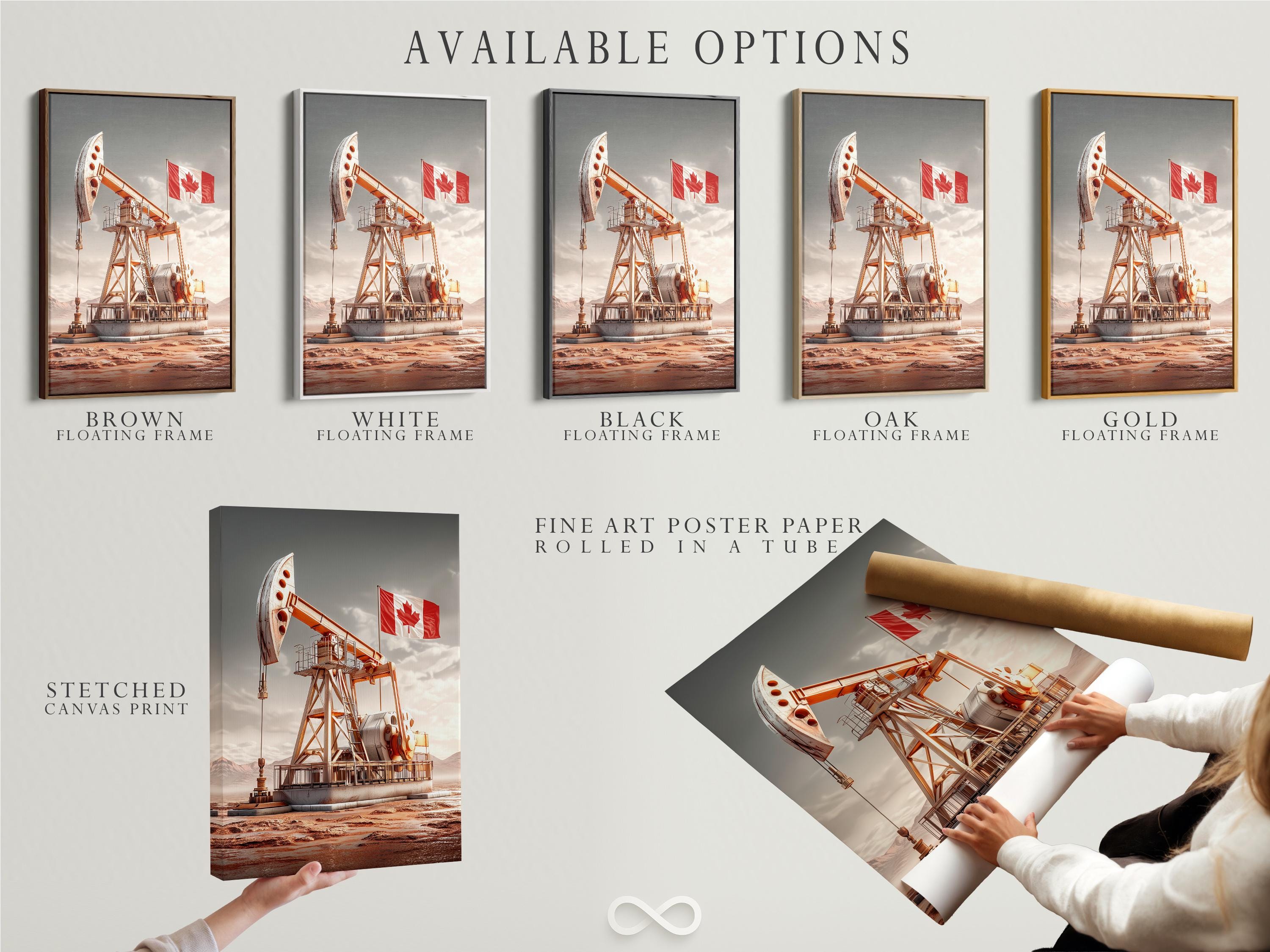 Oil derrick in a desert landscape with a waving red Canada flag detail view