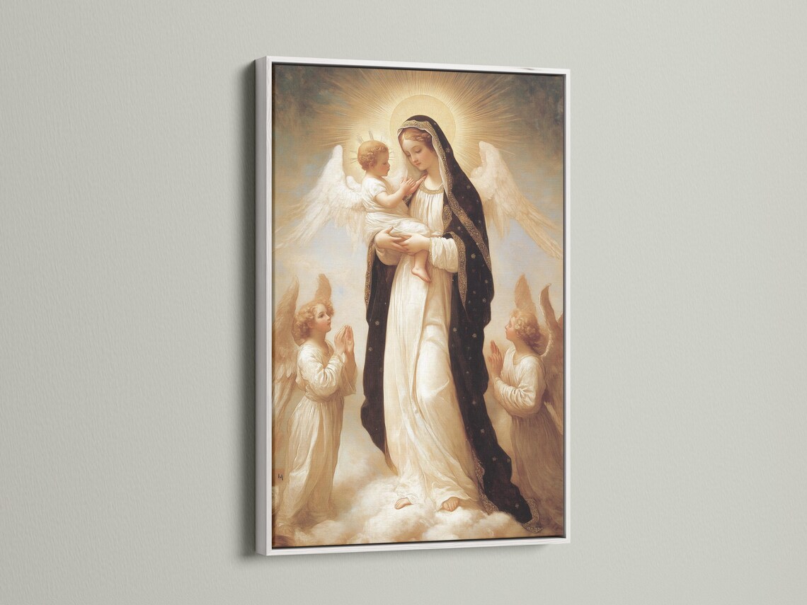 Portrait religious painting of a haloed woman holding a child with angel wings and praying figures detail view