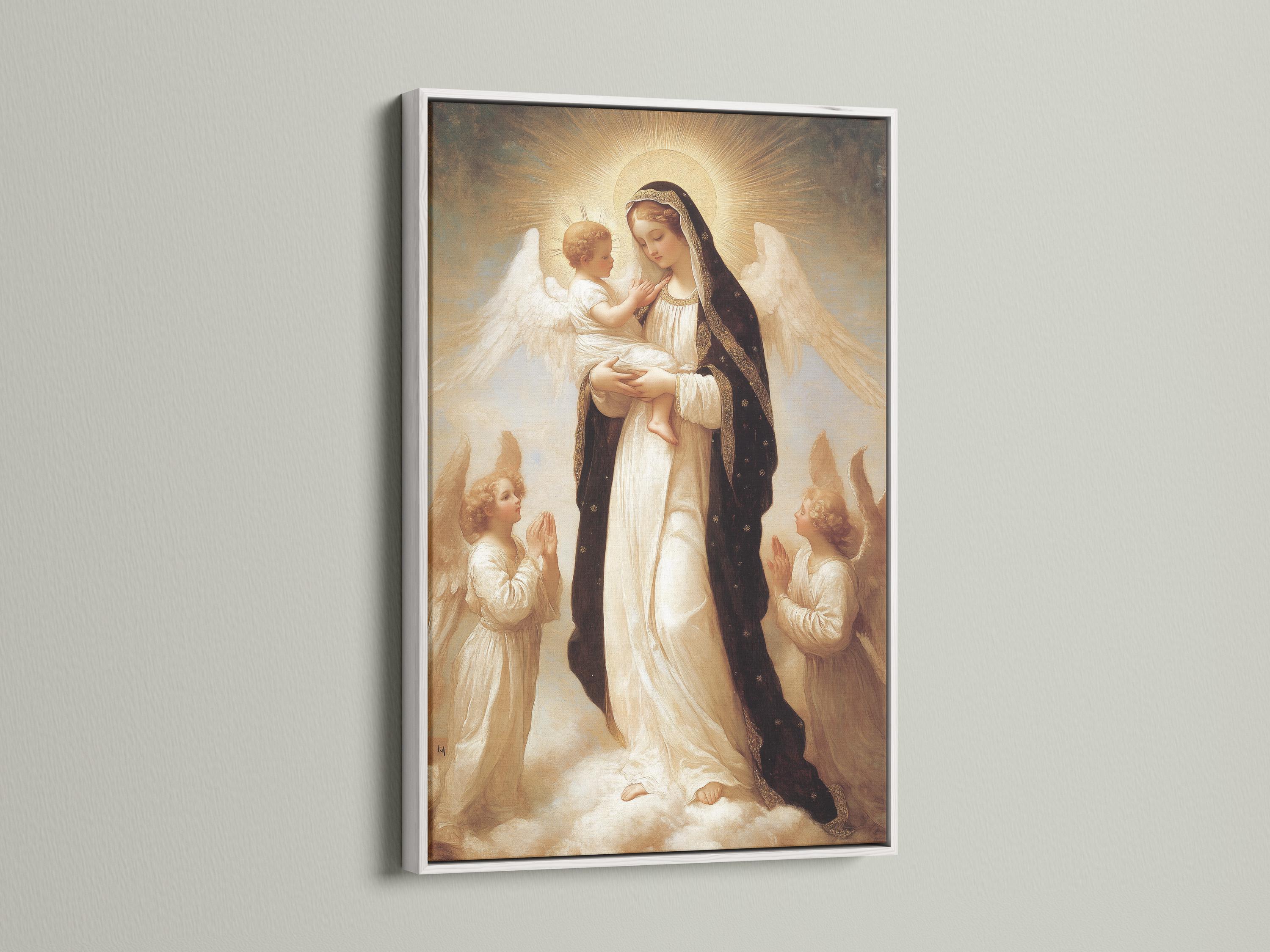 Portrait religious painting of a haloed woman holding a child with angel wings and praying figures detail view