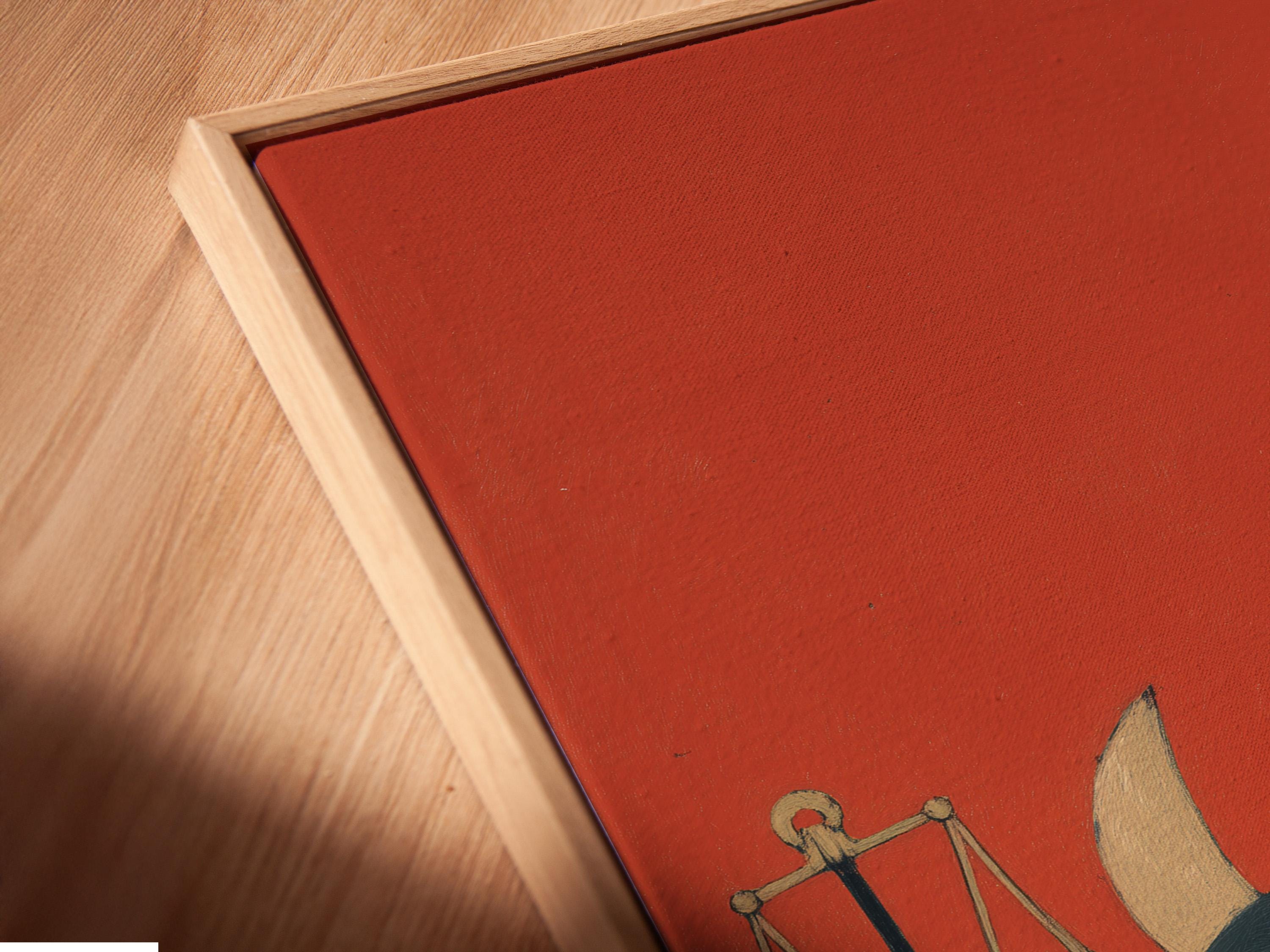 Cartoon bull character holding balancing scales on a coral-red background detail view