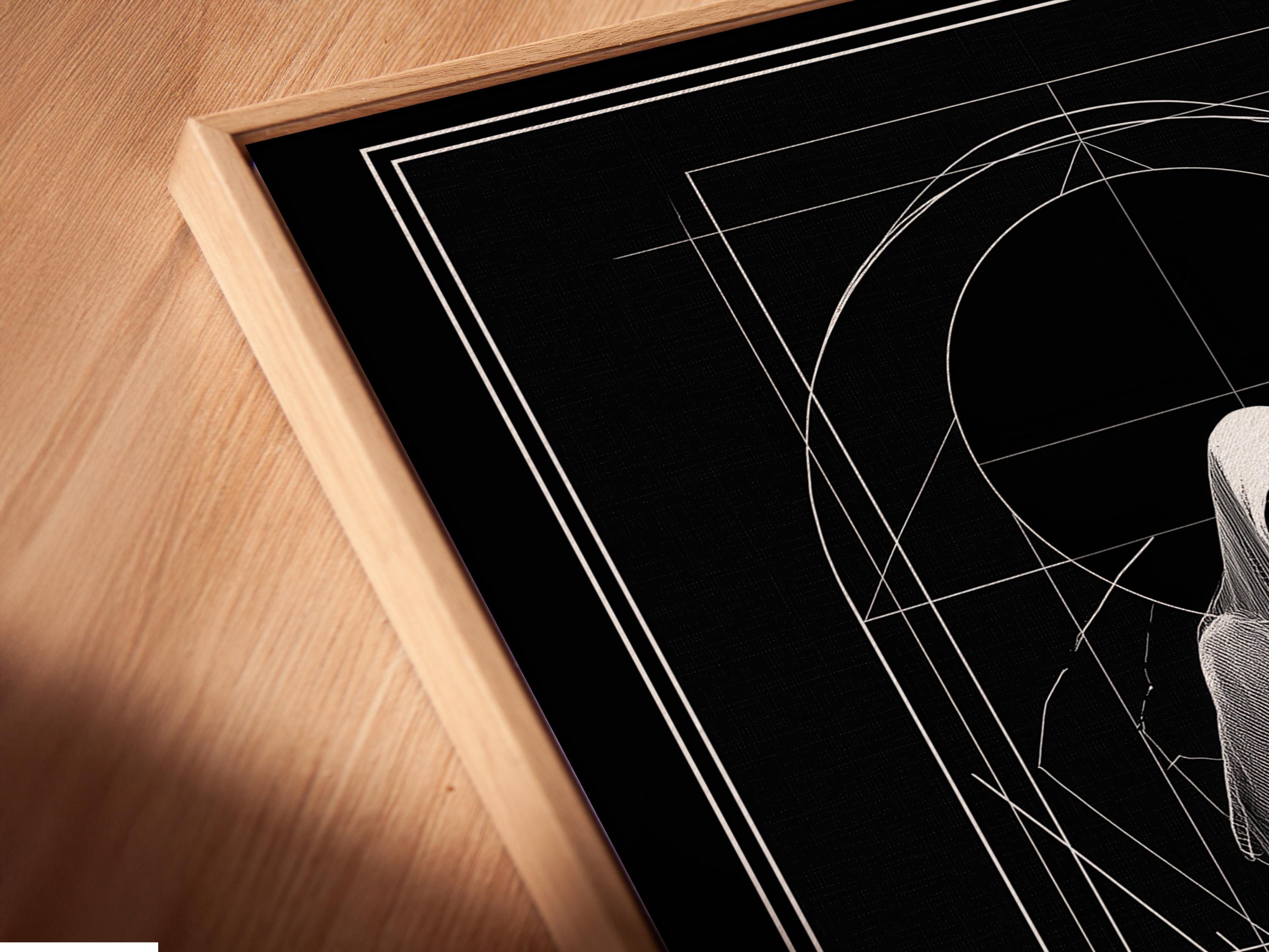 Monochrome geometric drawing of a hooded figure with white arch and grid lines on dark background detail view