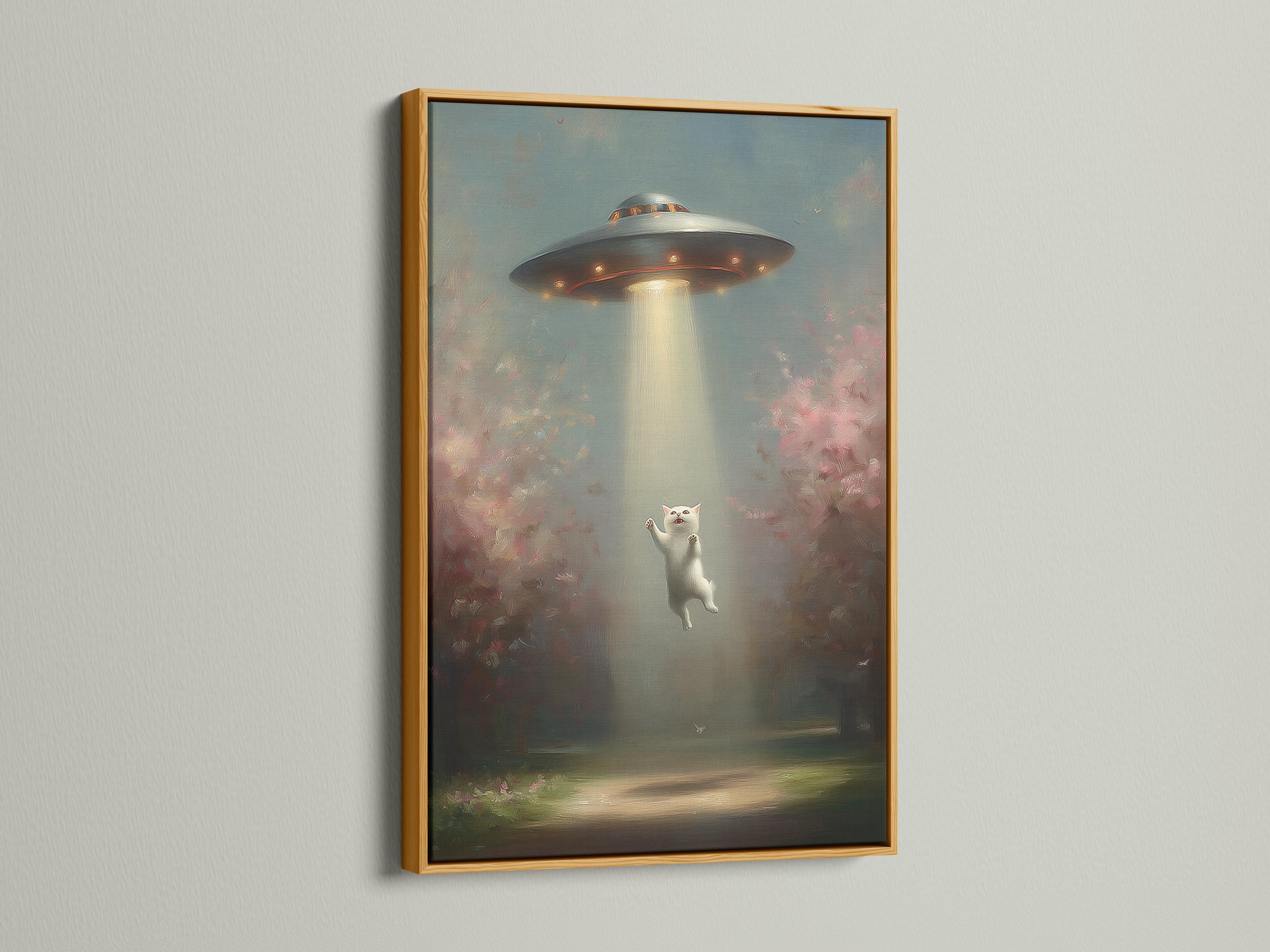Surreal night scene of a floating white cat under a glowing UFO beam, with misty clouds and bird silhouettes detail view
