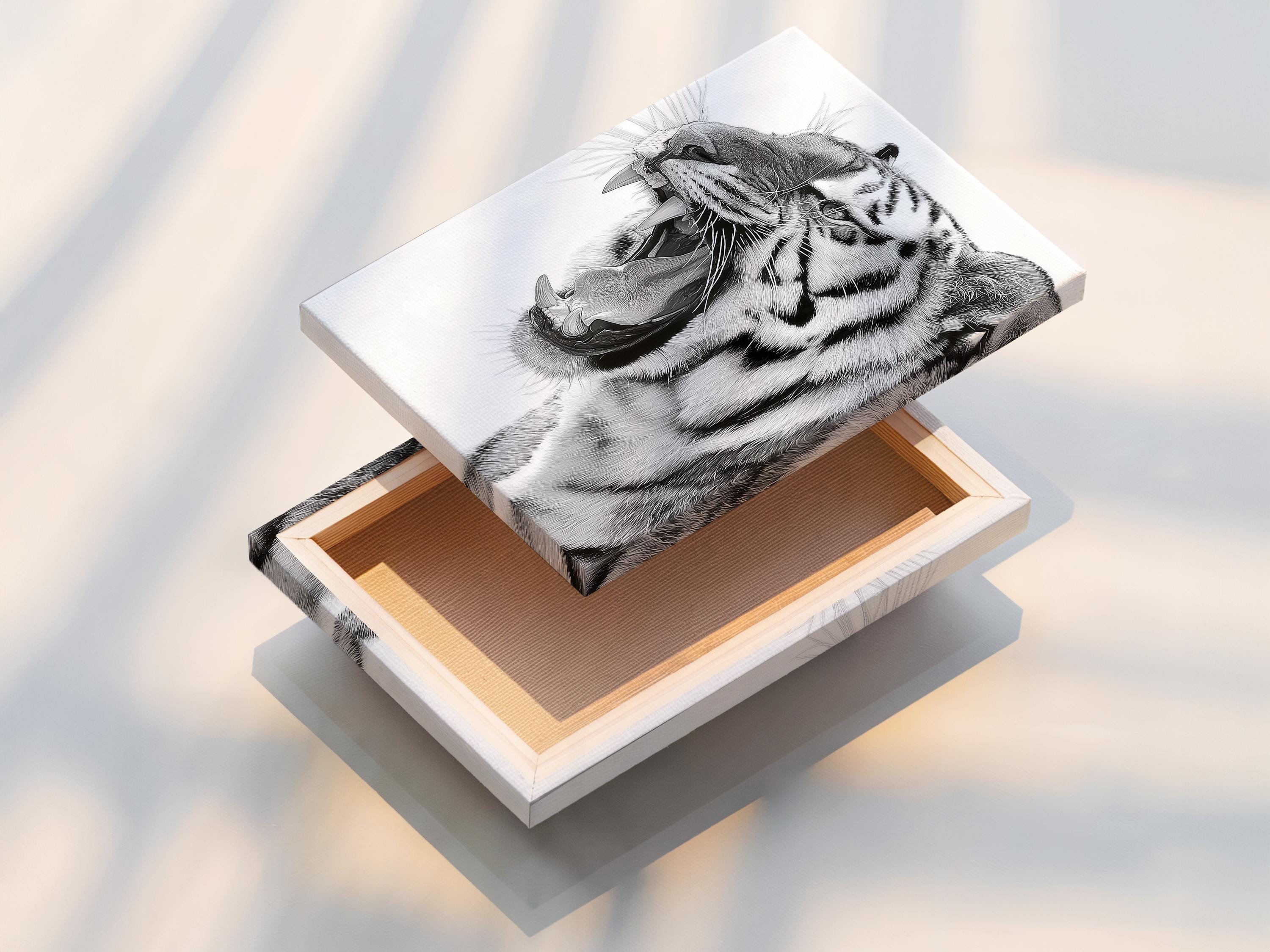 Room mockup showing a framed black and white tiger portrait artwork