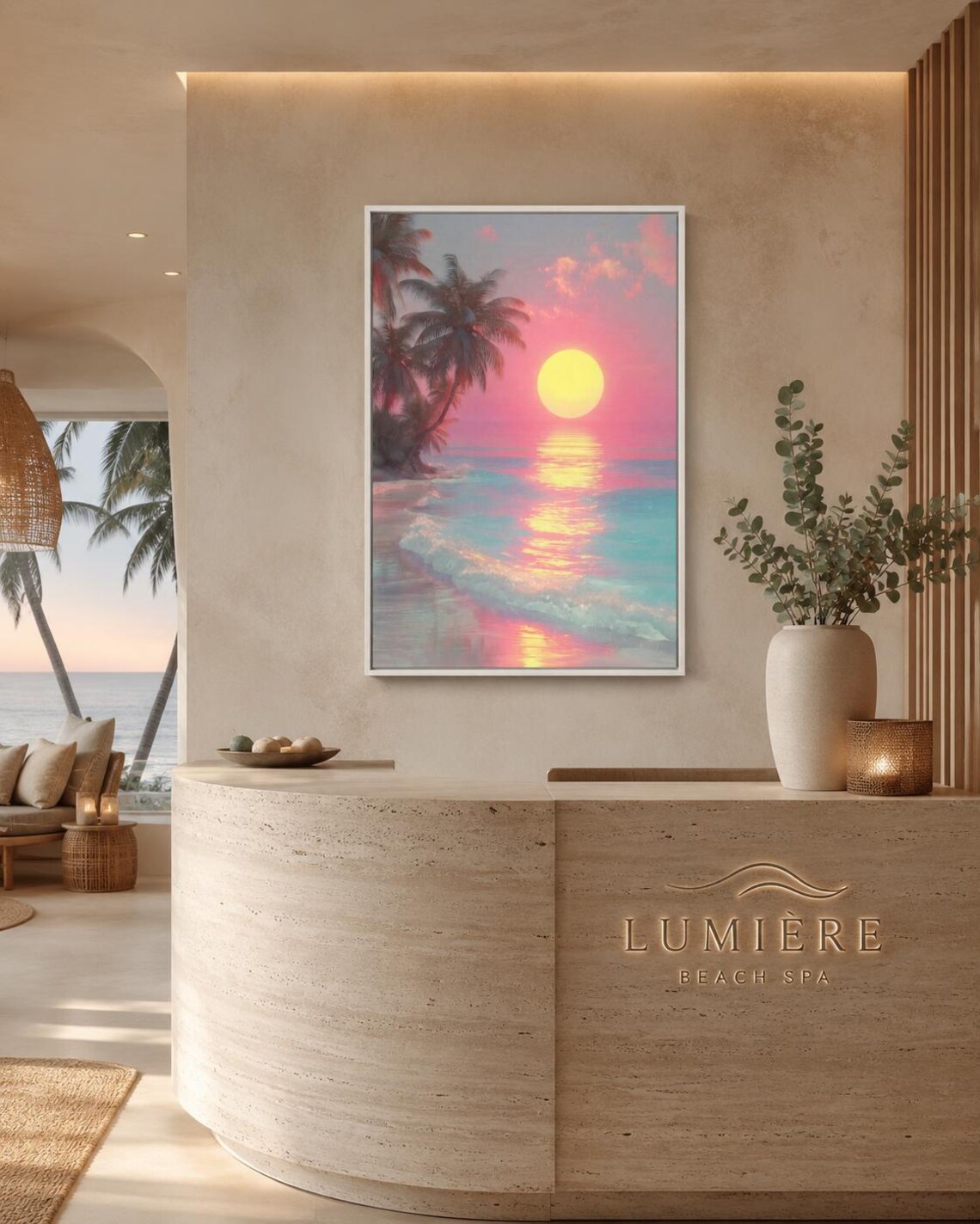 A framed tropical seascape shows a bright yellow sun over pink and turquoise water, with palm silhouettes and glowing reflections detail view