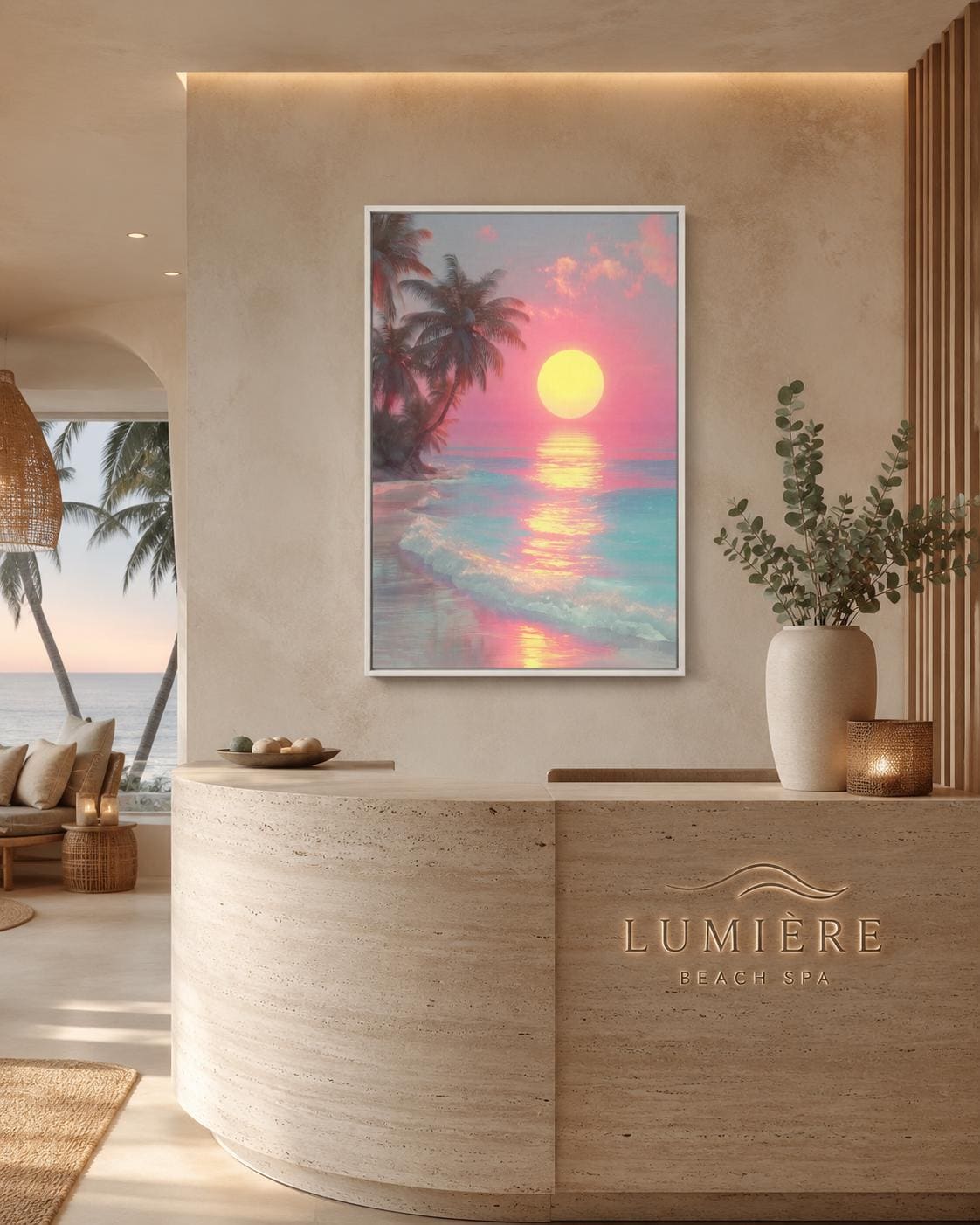 A framed tropical seascape shows a bright yellow sun over pink and turquoise water, with palm silhouettes and glowing reflections detail view