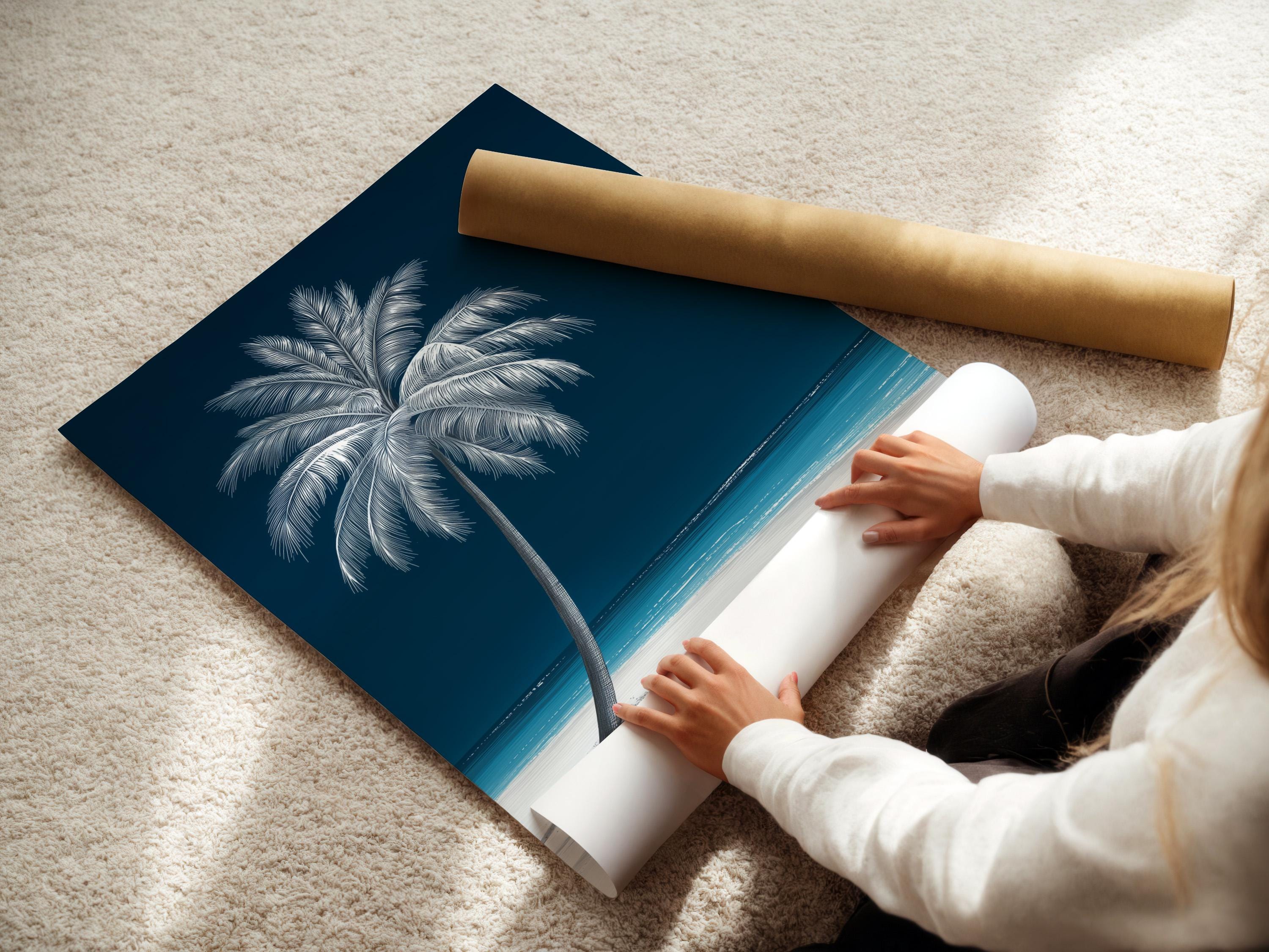 Room mockup showing framed palm tree seascape artwork