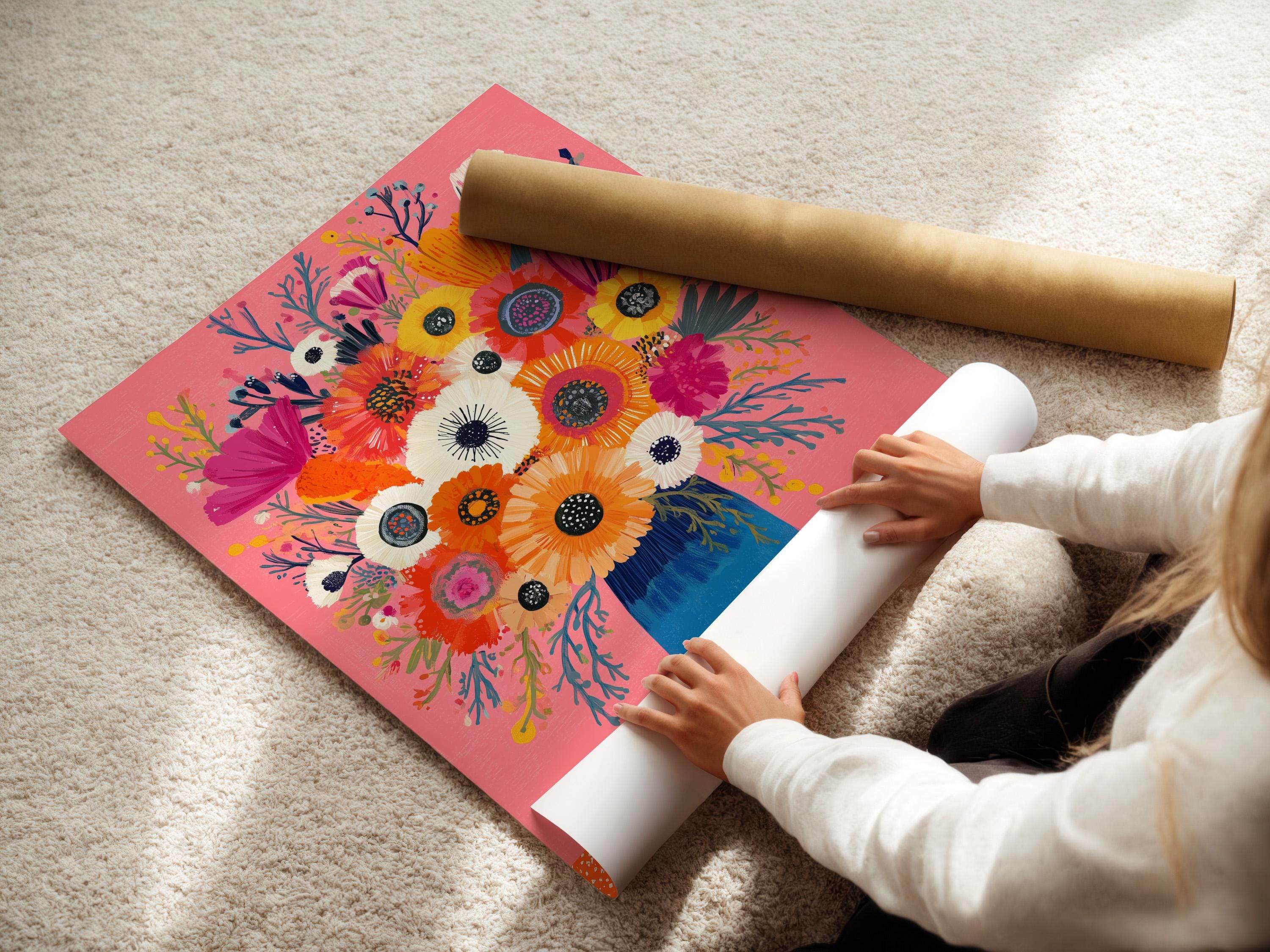 Floral bouquet painting with flowers in a blue vase on a pink background detail view