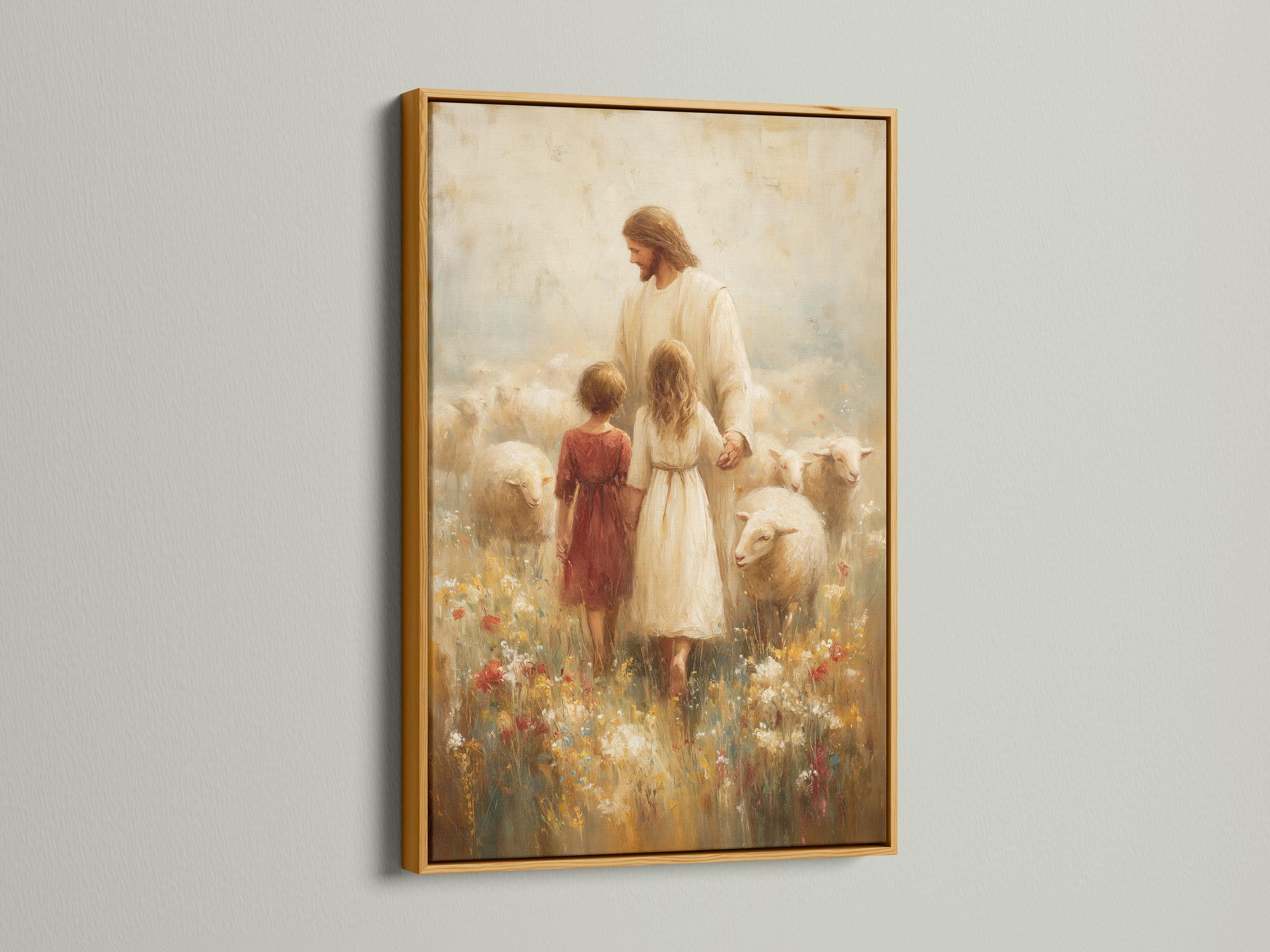Painterly religious scene of a robed adult with two children and a white sheep in a flower field detail view