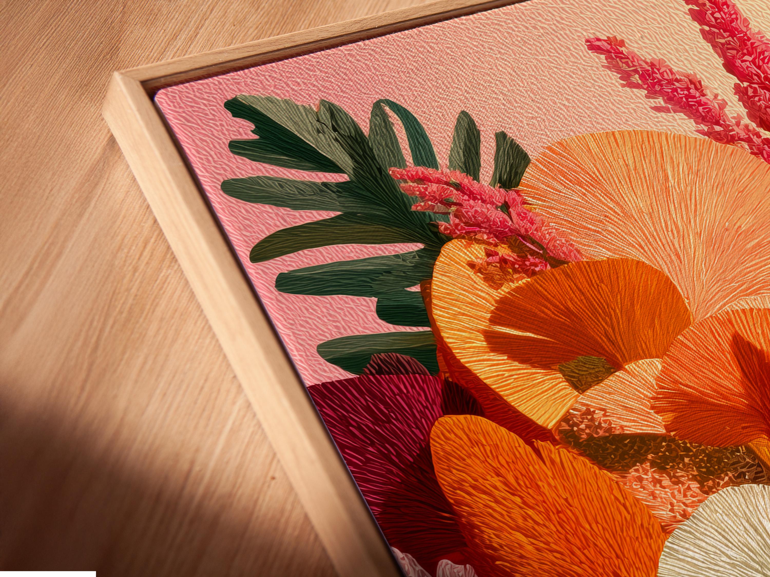 Colourful floral botanical artwork with orange and yellow blossoms, pink flowering spikes and green leaves detail view