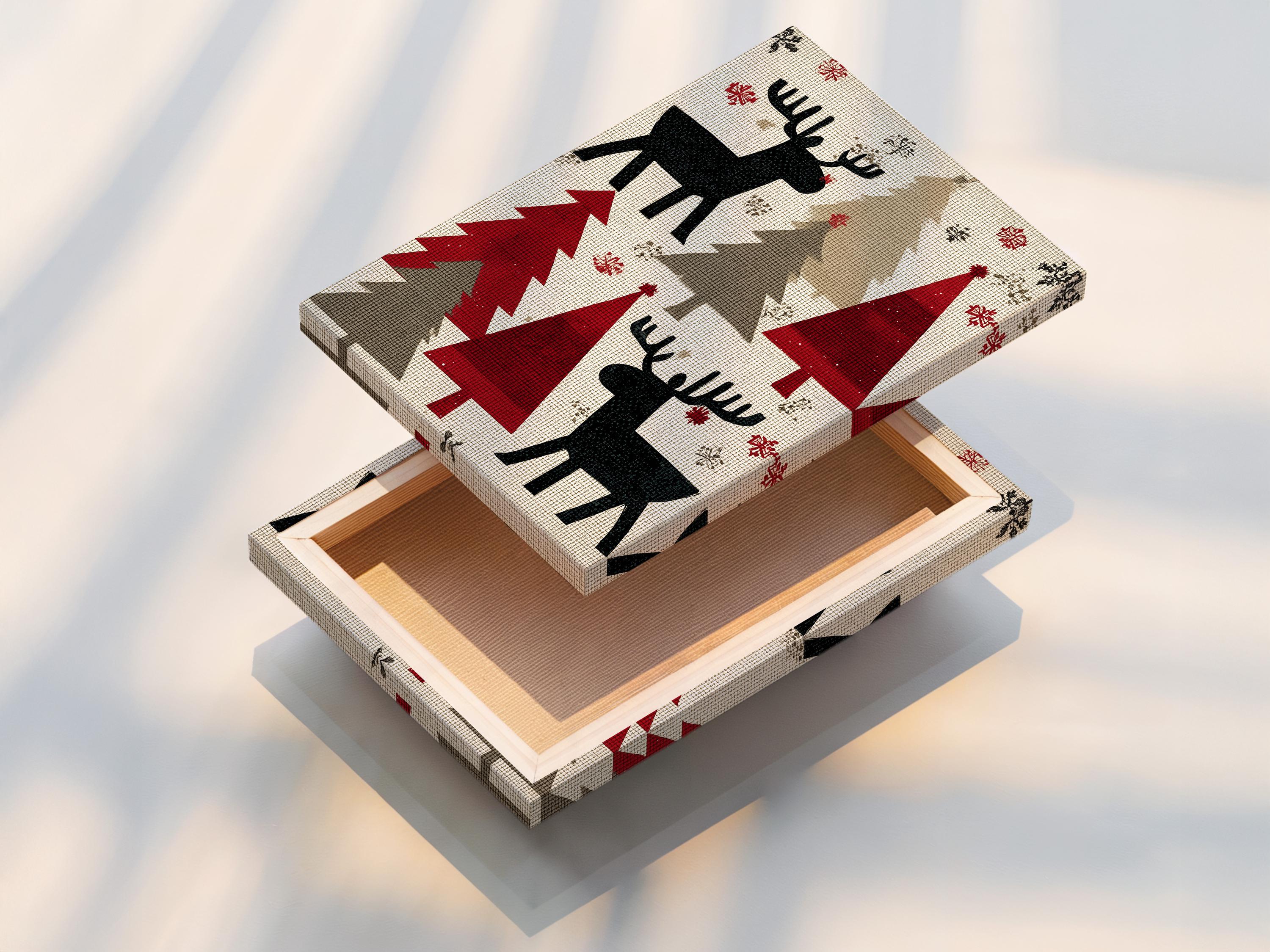 Room mockup showing a framed festive moose artwork with Christmas trees and snowflakes