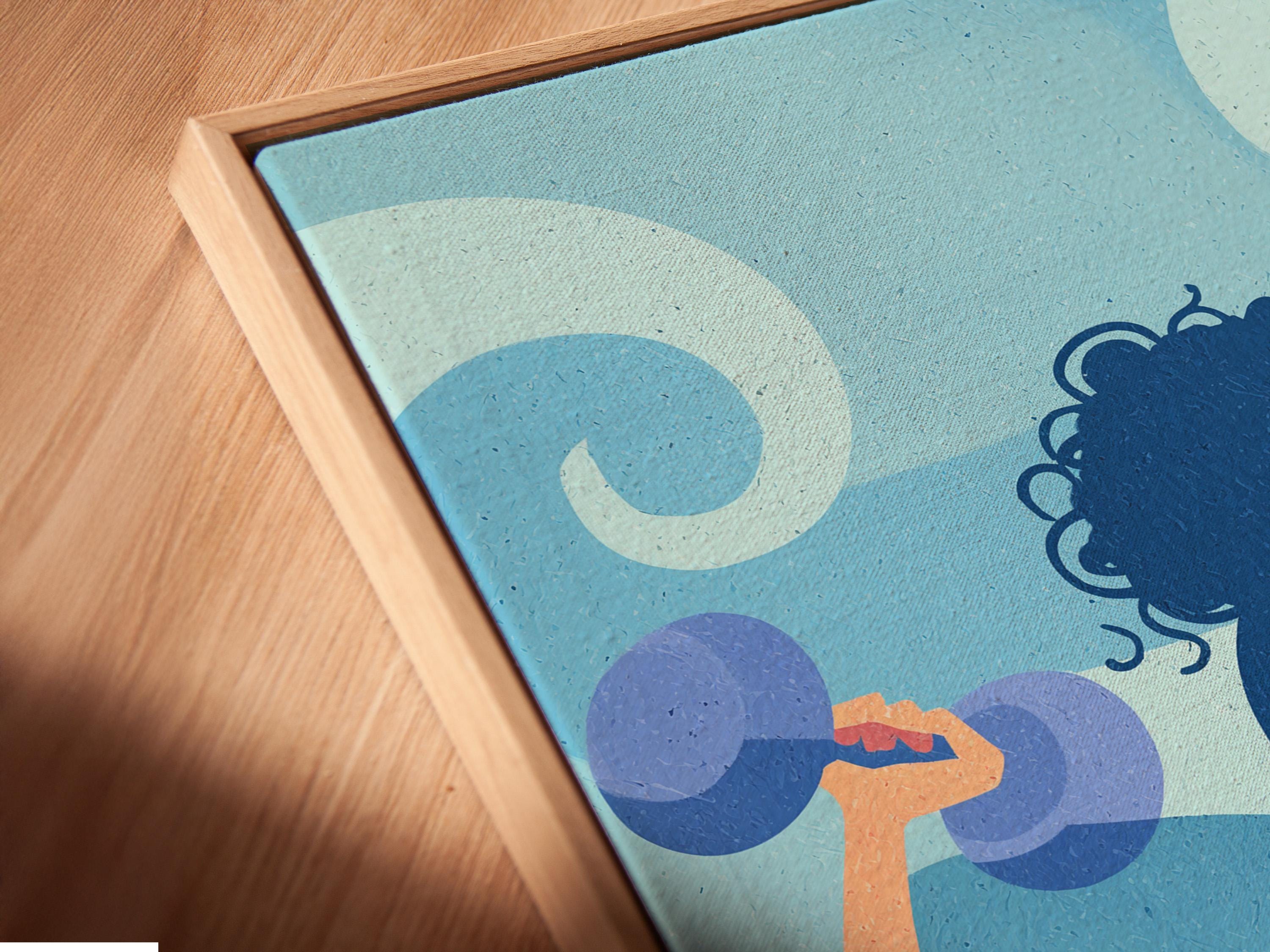 Stylised fitness woman lifting dumbbells overhead against a swirling blue background detail view