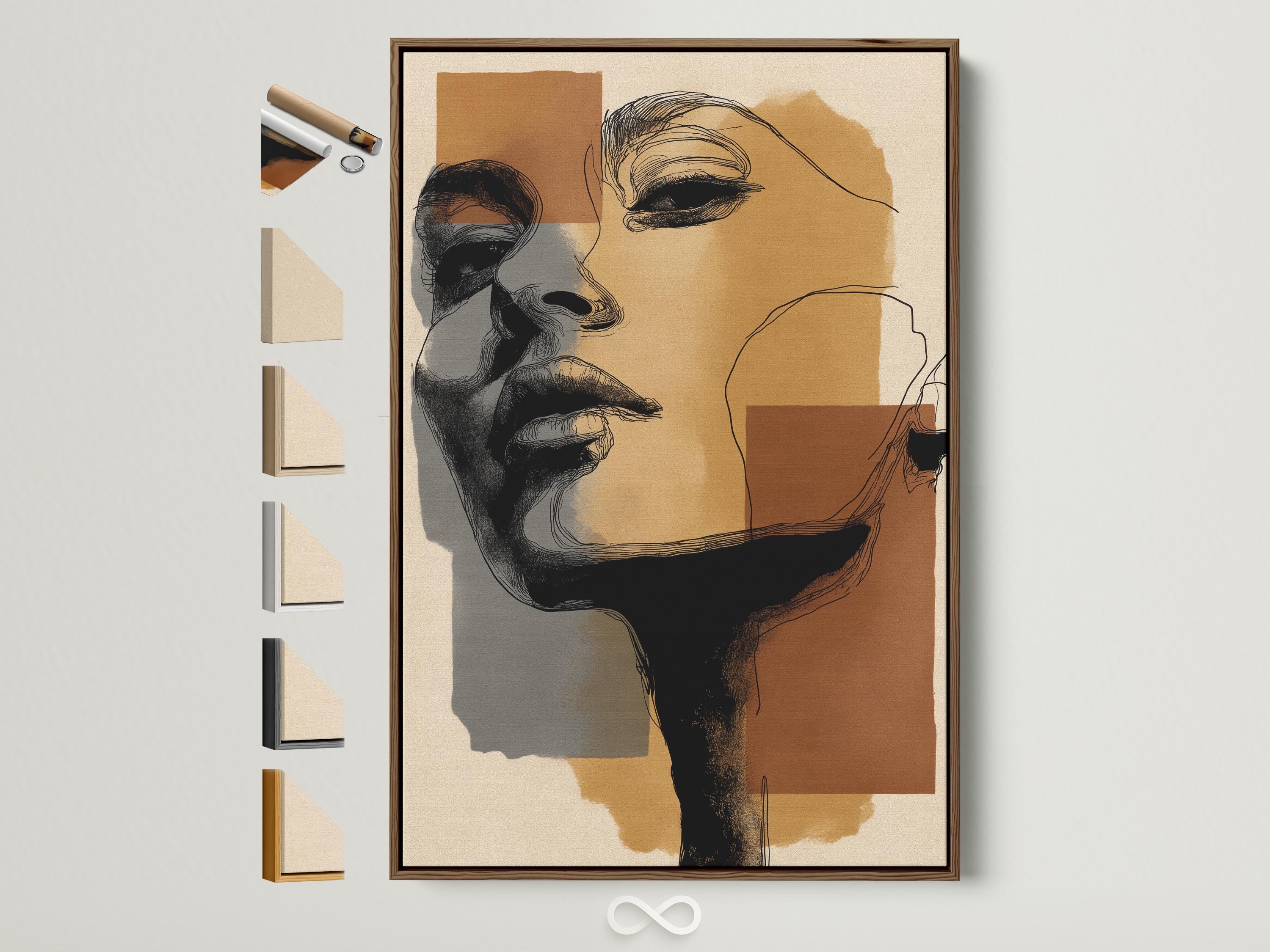 Minimalist abstract face line drawing with overlapping profiles in black over warm beige and ochre blocks
