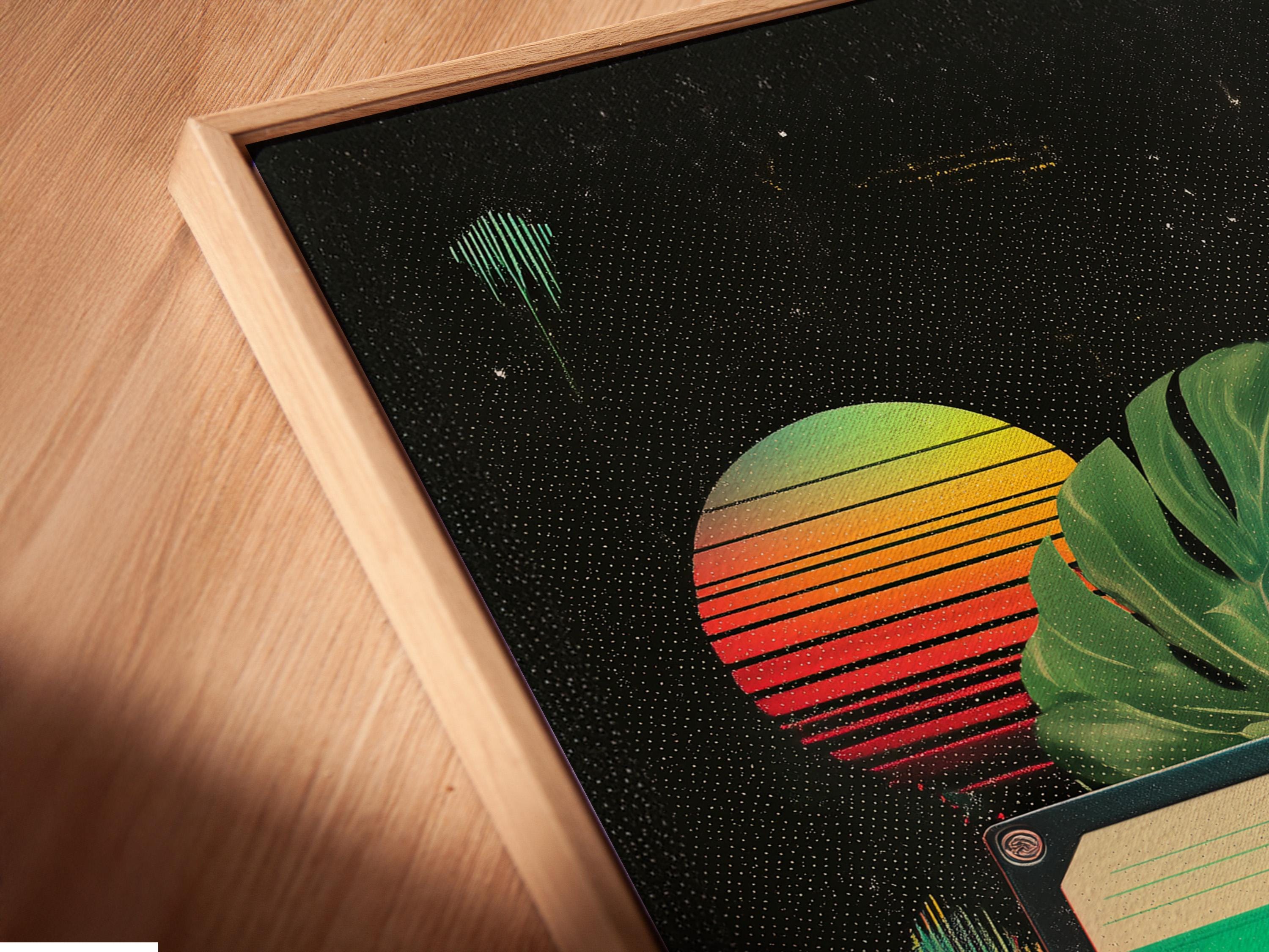 Retro cassette tape with tropical green leaves, neon stripes and floating orbs on a dark speckled background detail view
