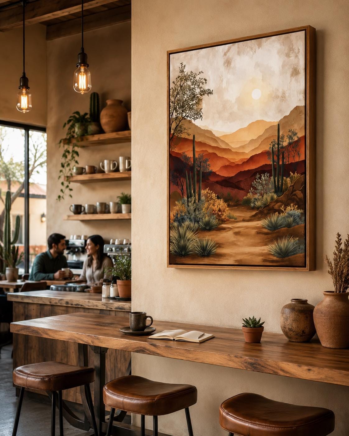 Warm desert landscape artwork with layered mountains, pale sun, and cactus-like plants detail view