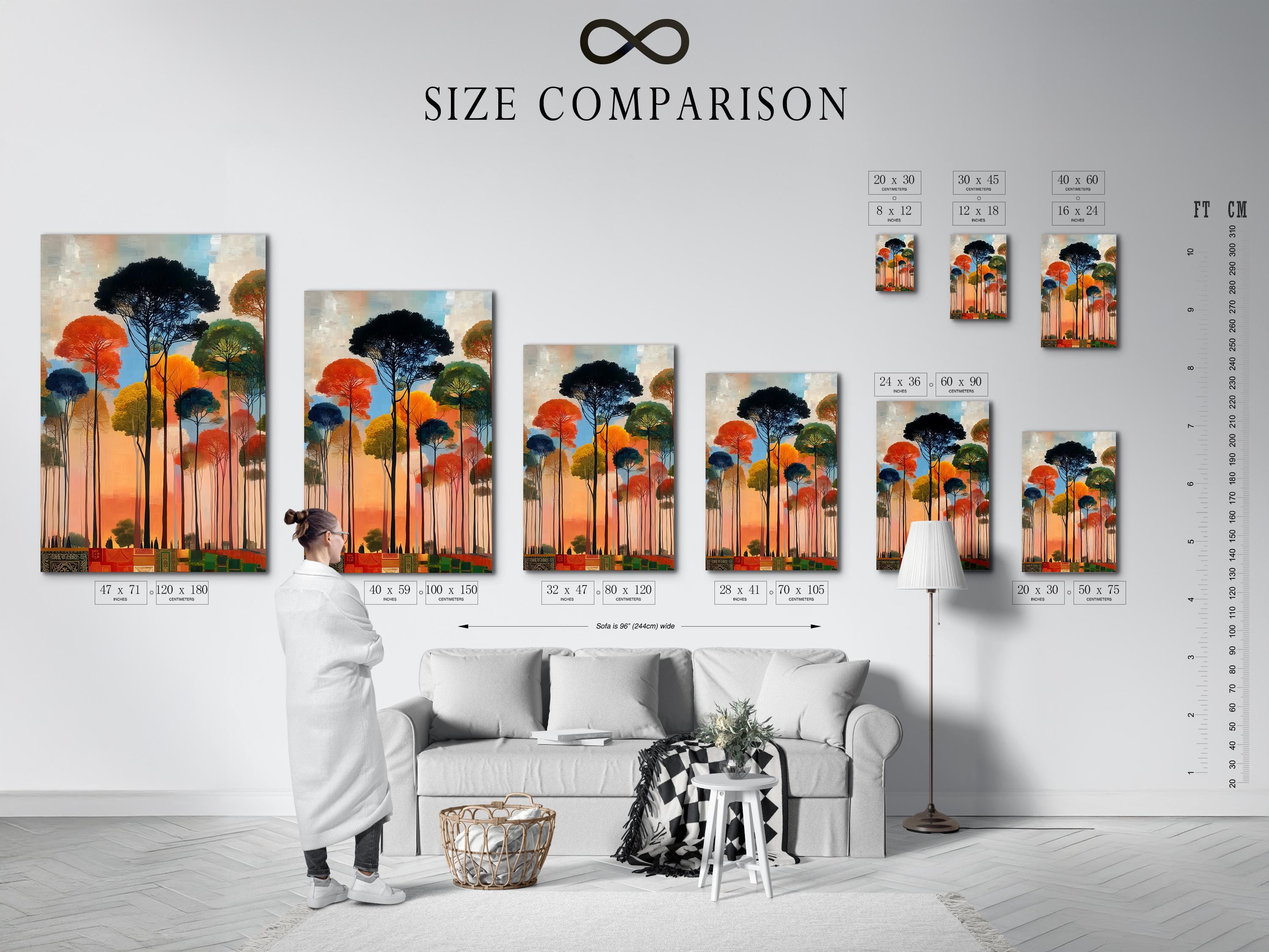 Room mockup with a large framed forest artwork above a sofa