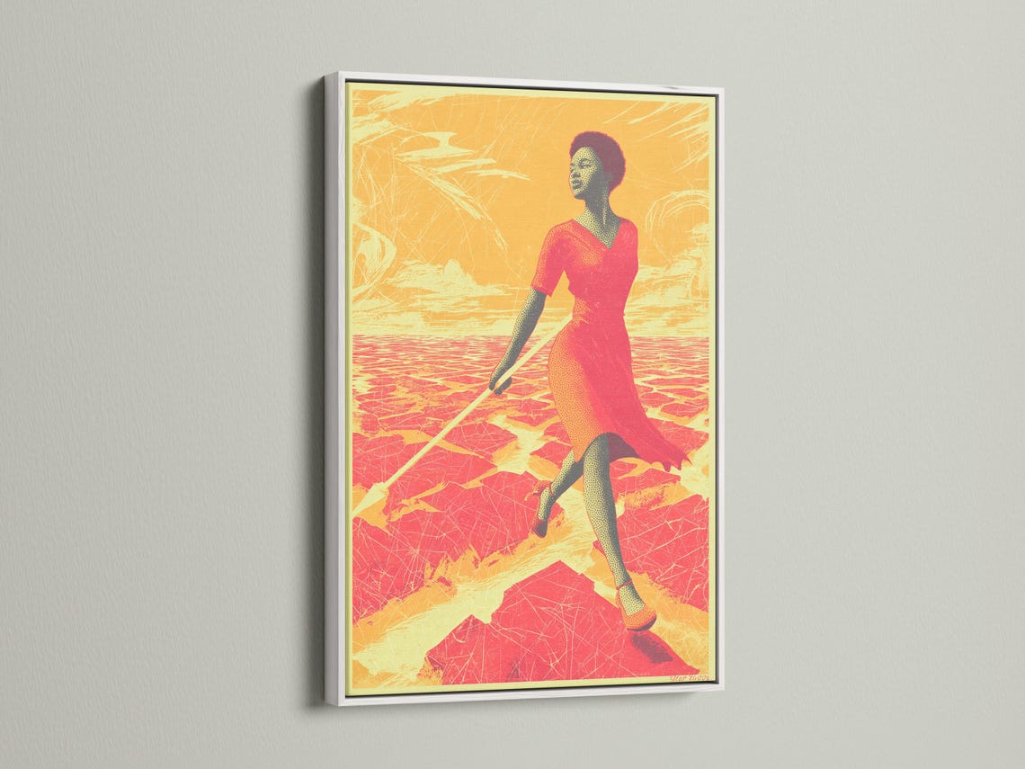 Red and gold desert scene with a woman in profile walking forward detail view