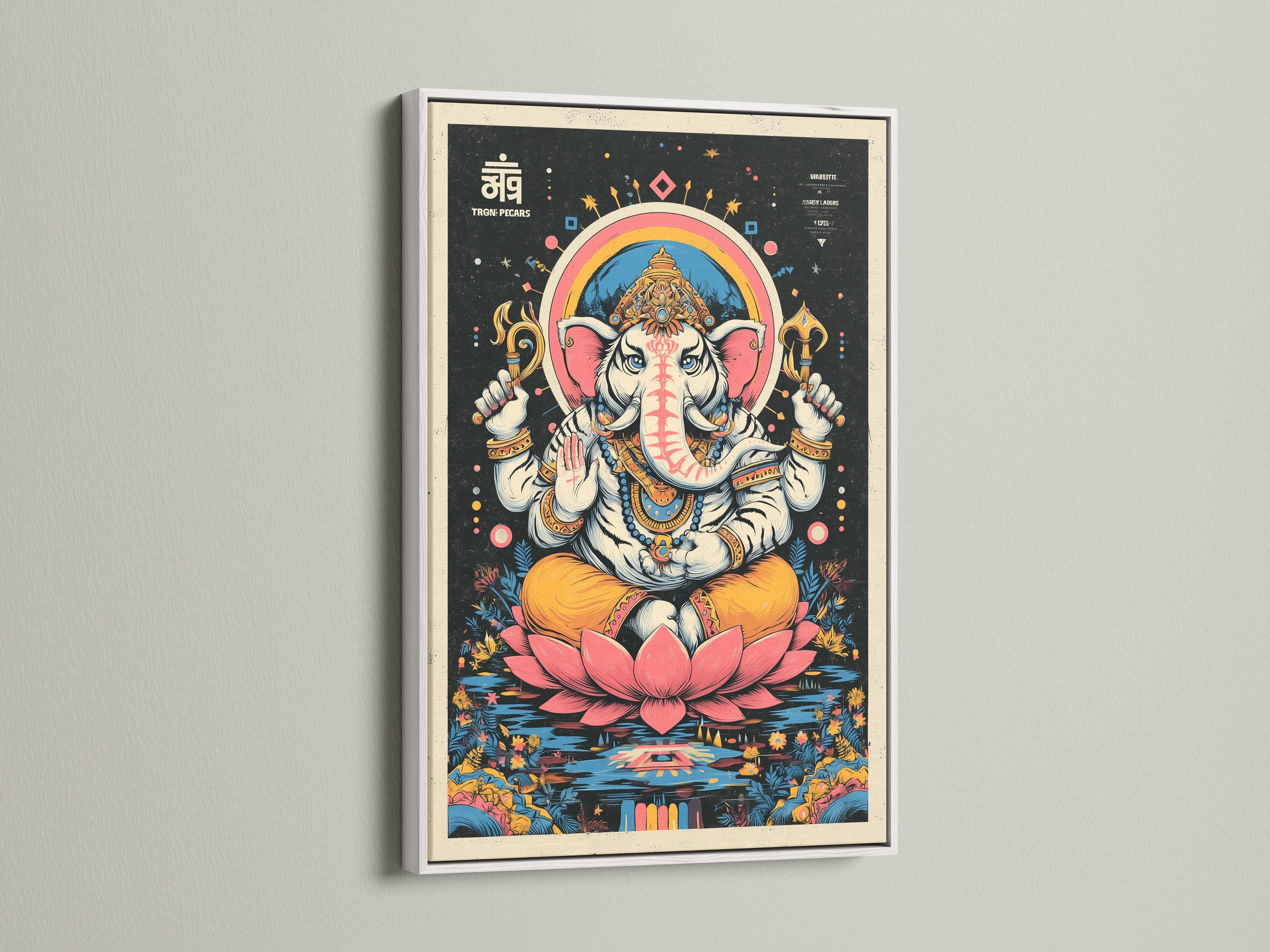Colourful elephant-headed deity seated above a pink lotus on a dark starry background detail view