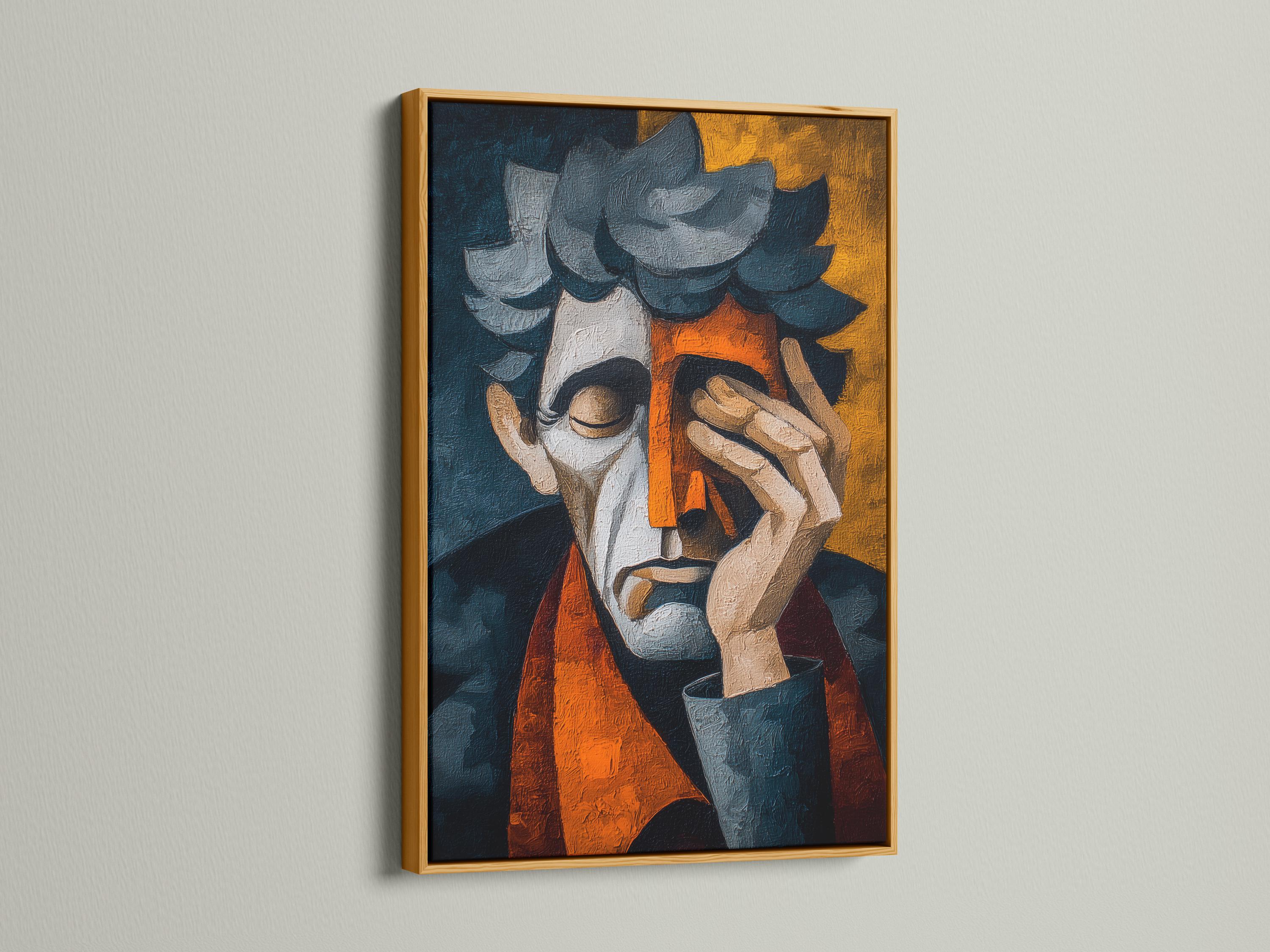A textured abstract portrait figure in teal and navy, holding a book-like shape, with warm orange and golden blocks behind detail view