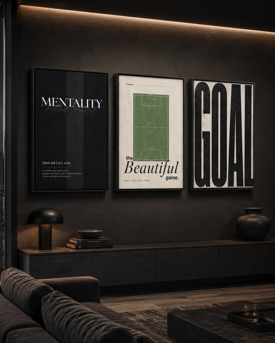 Football typography wall art set of three panels displayed above a desk in a room