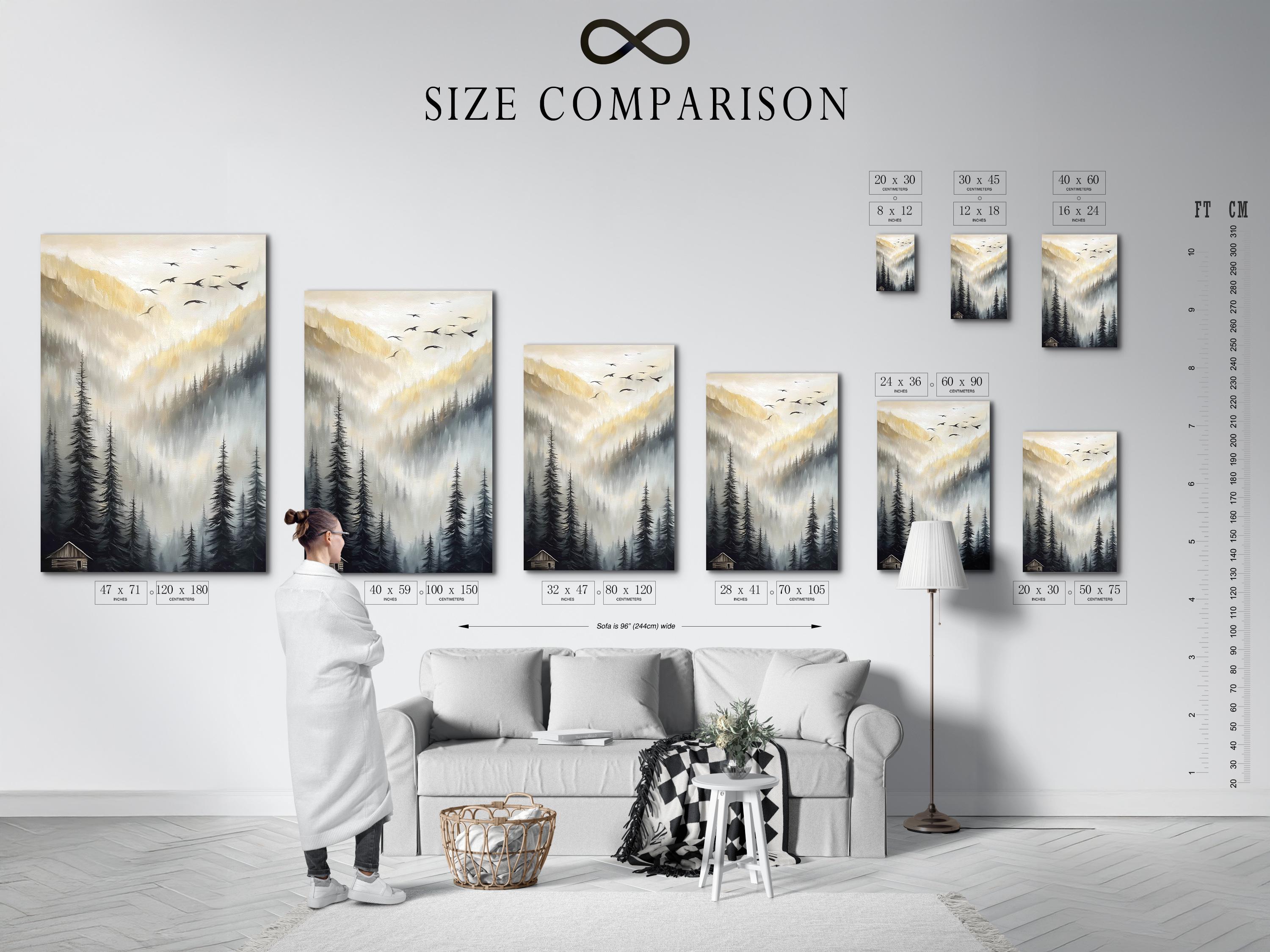 Misty mountain landscape artwork with pine tree silhouettes and birds in the sky detail view