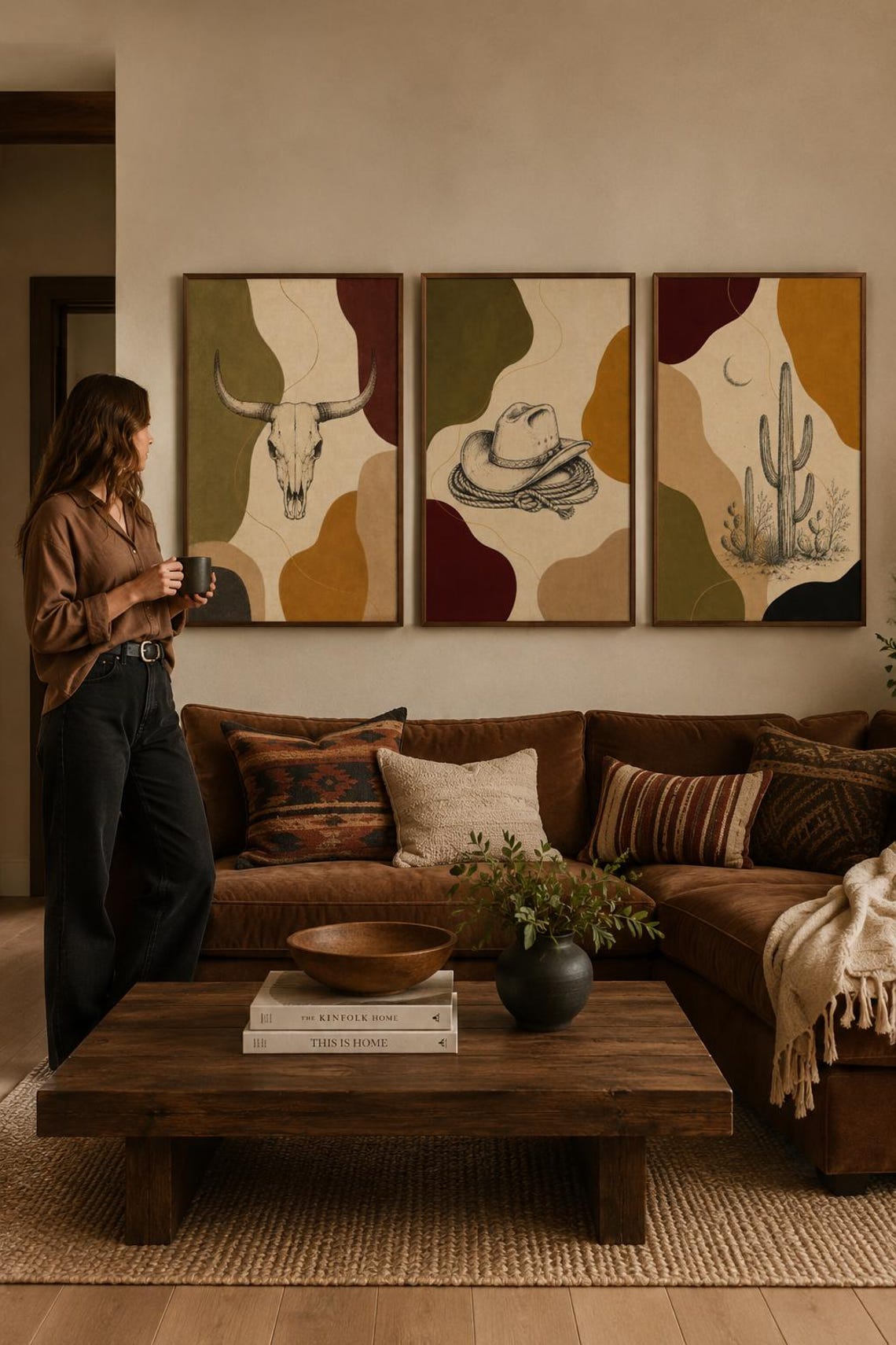 Western wall art set of three panels displayed above a wooden sideboard with decorative vases