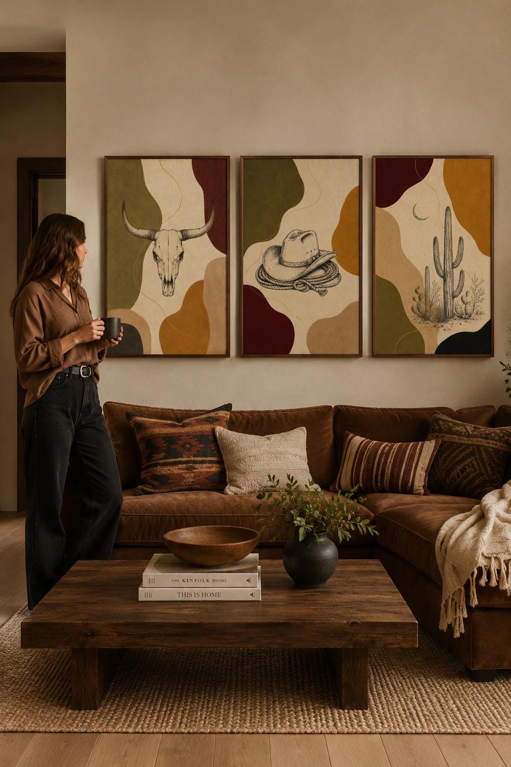 Western wall art set of three panels displayed above a wooden sideboard with decorative vases