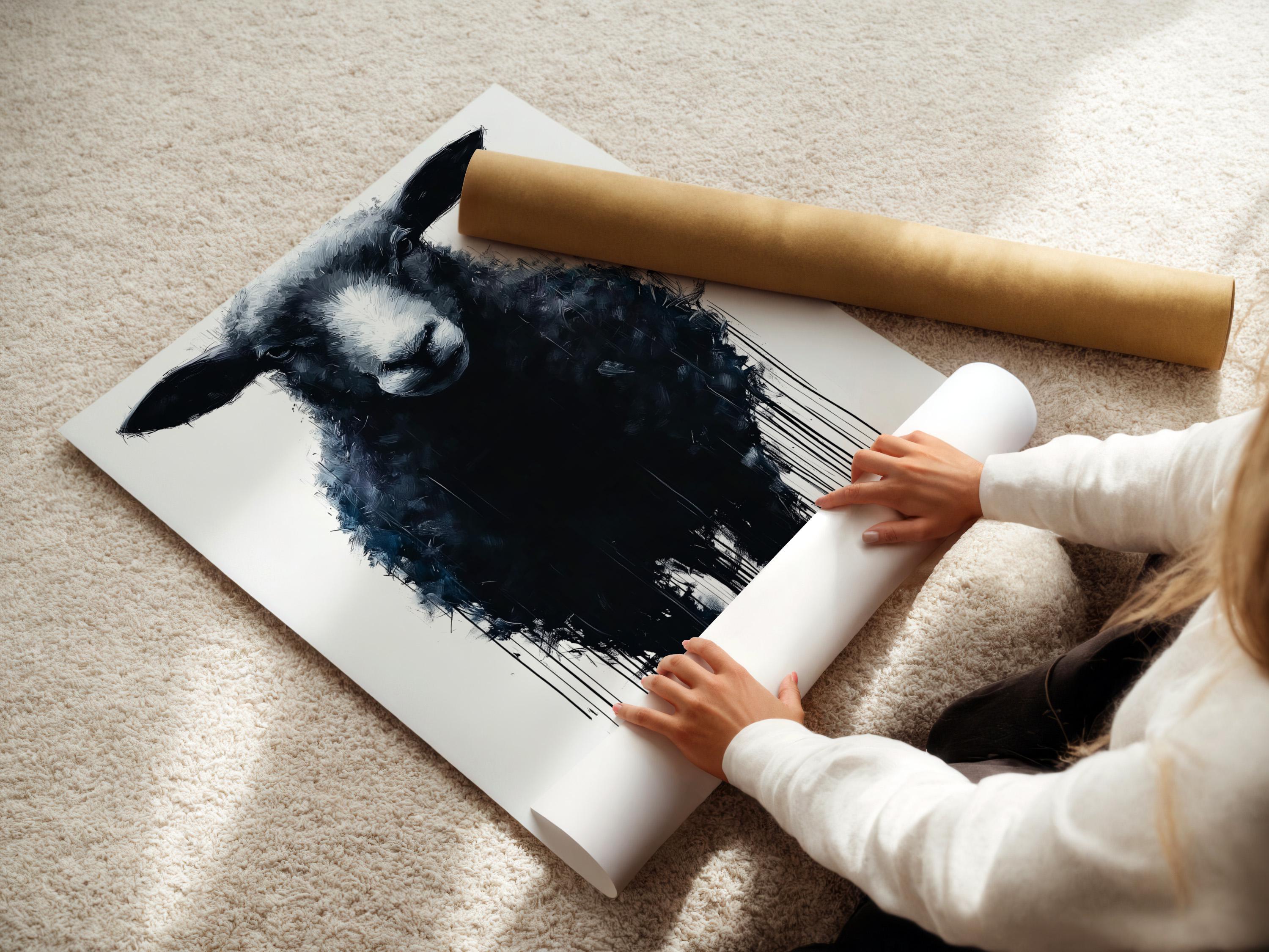 Sheep portrait artwork displayed in a bright industrial-style room