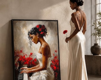 Piano Girl Canvas Art - Red Flowers, Elegant Woman Artwork, Music Room Wall Decor, Gift for Pianist, Contemporary Art Print