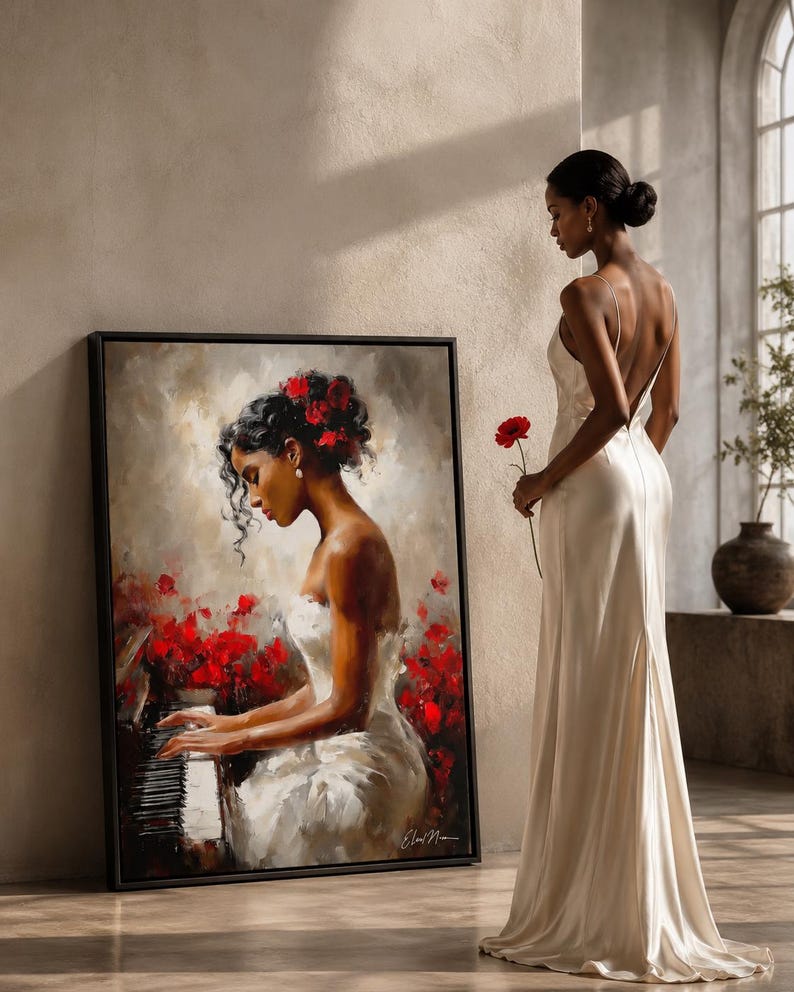 A woman in a white dress playing a piano, surrounded by red flowers