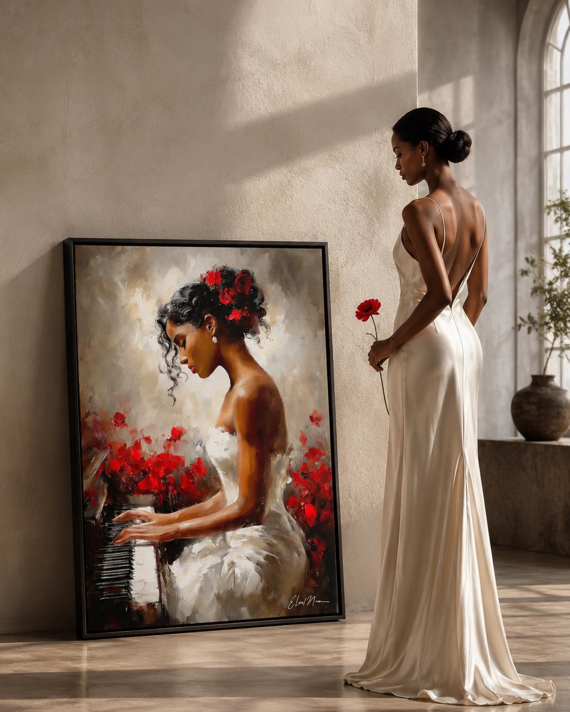 A woman in a white dress playing a piano, surrounded by red flowers