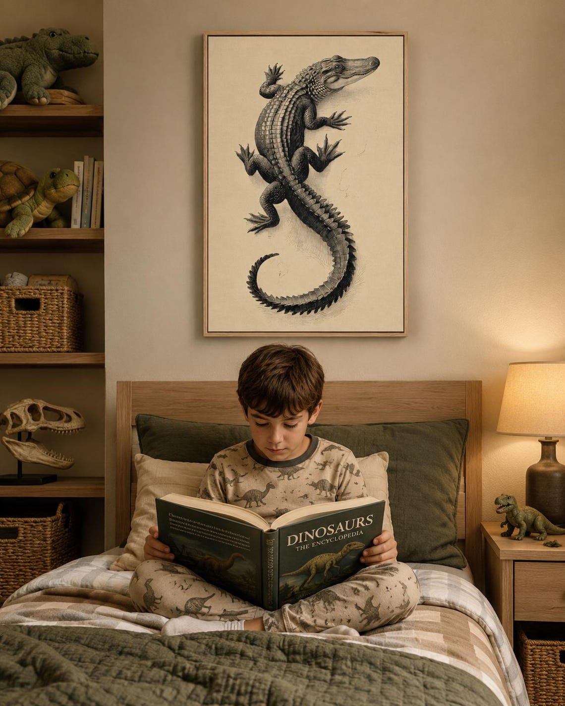 Room mockup showing framed alligator illustration above a wooden desk
