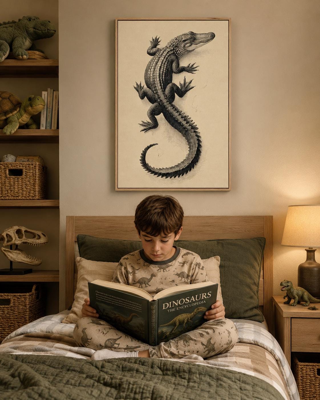 Room mockup showing framed alligator illustration above a wooden desk