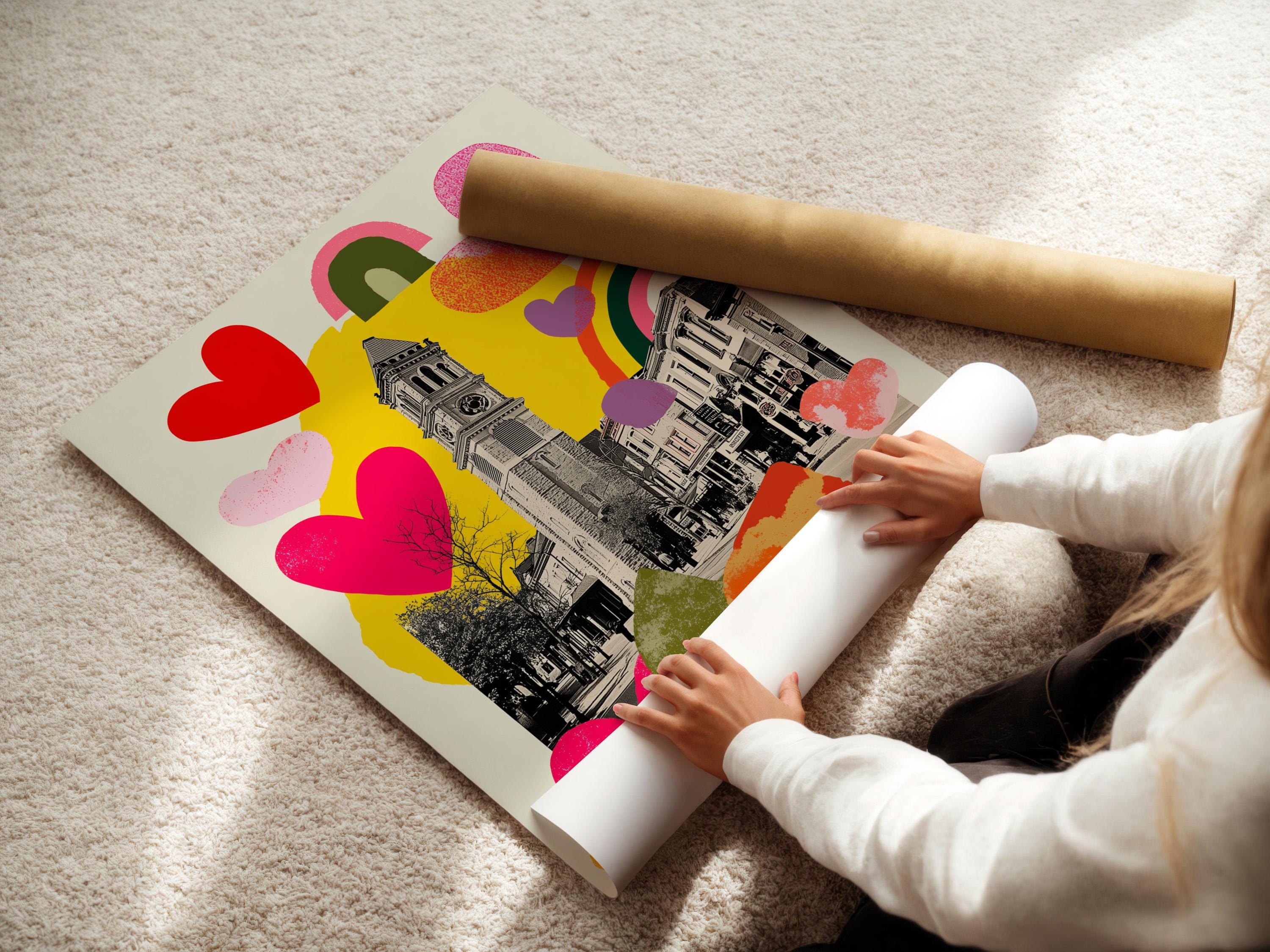 Retro cityscape with a clock tower overlaid by colourful hearts and rainbow shapes detail view
