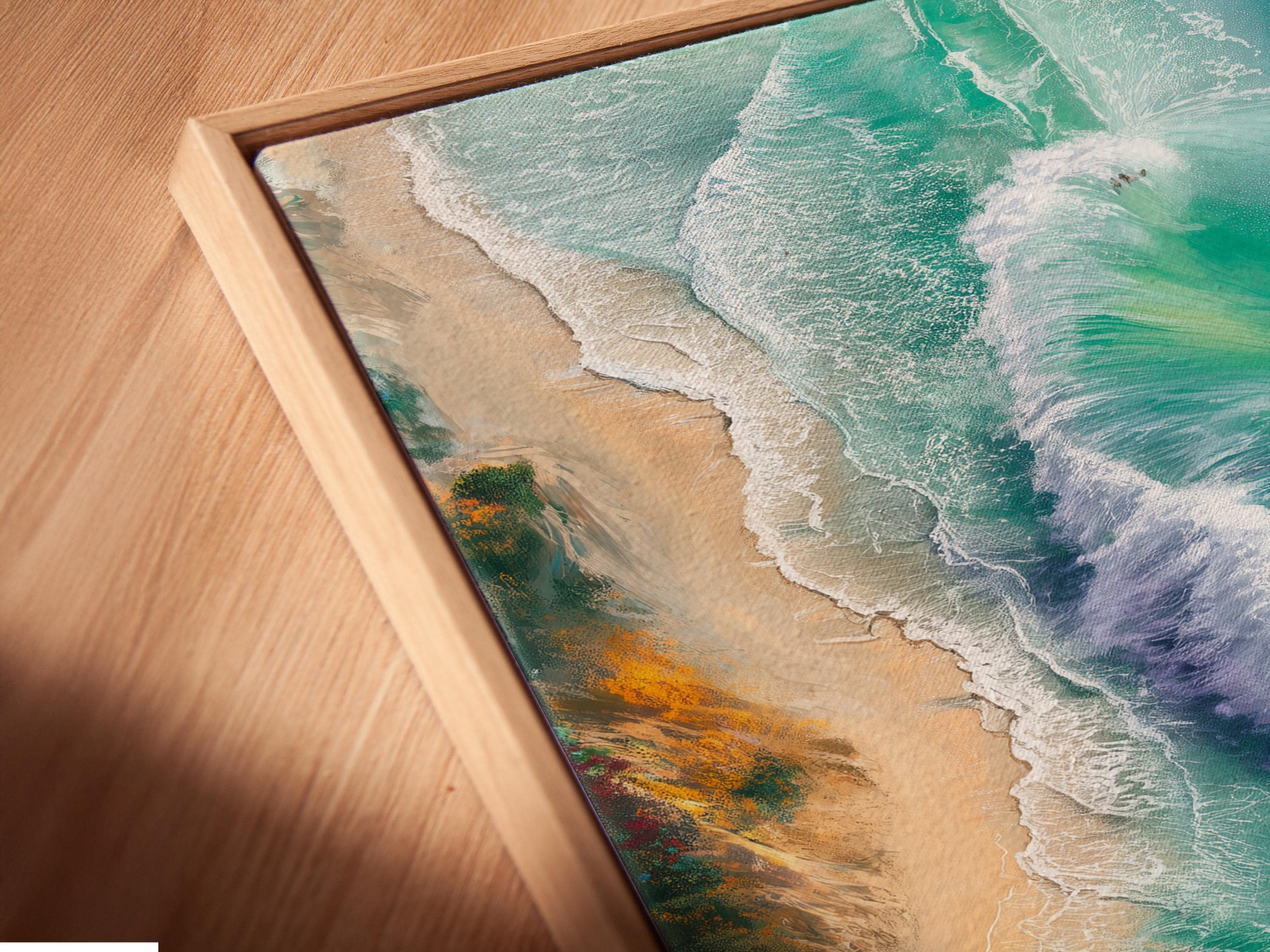 Room mockup showing framed ocean waves artwork in teal and turquoise tones