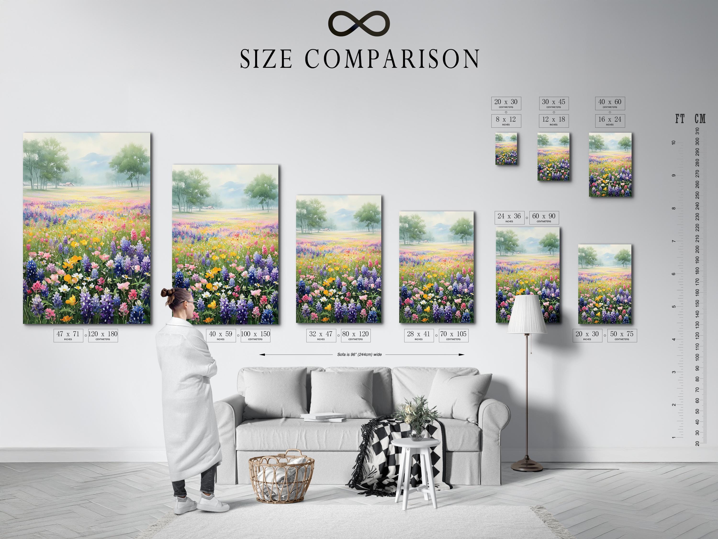 Pastel wildflower meadow with colourful flowers in the foreground and misty trees in the distance detail view
