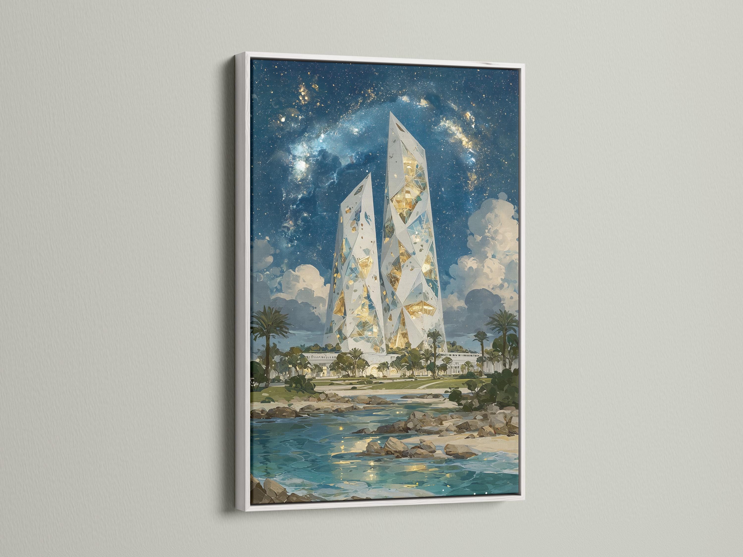 Wall mockup showing a framed artwork of glowing crystal towers over a starry night coastline