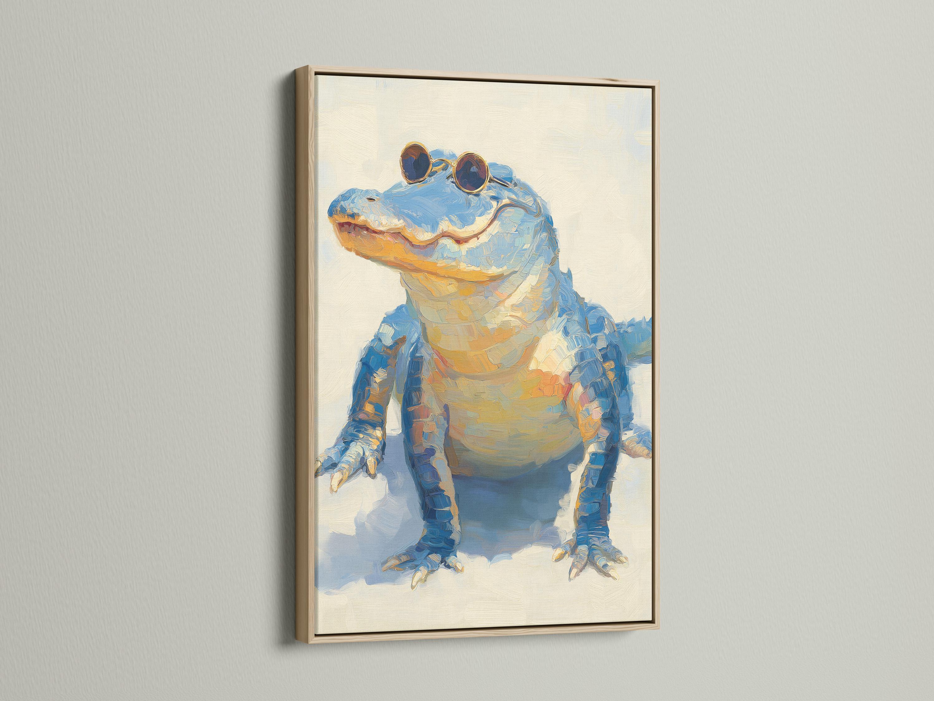 A stylised blue alligator figure wearing round sunglasses on a pale background detail view