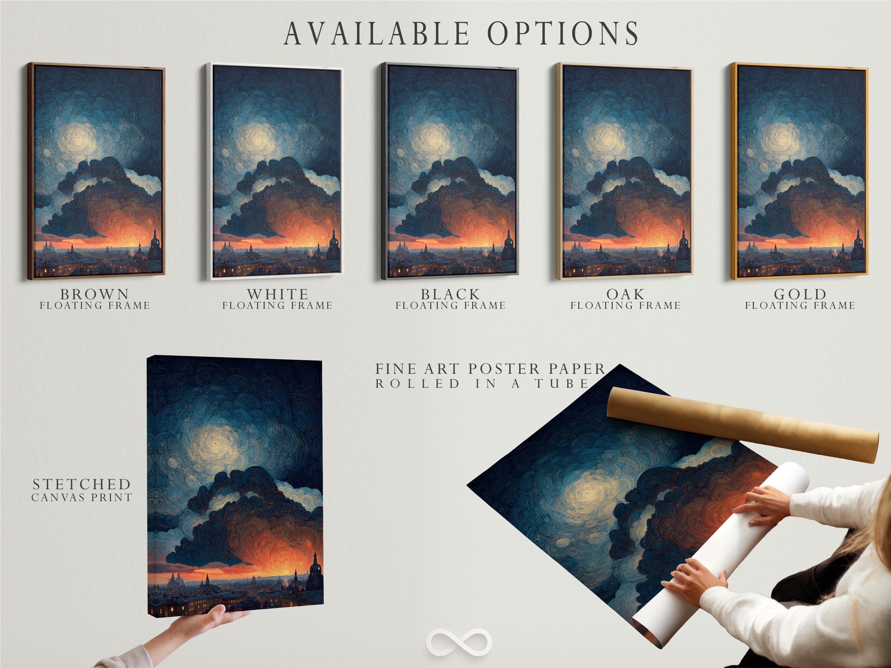 Room mockup showing framed artwork with a swirling night sky cityscape and orange sunset glow