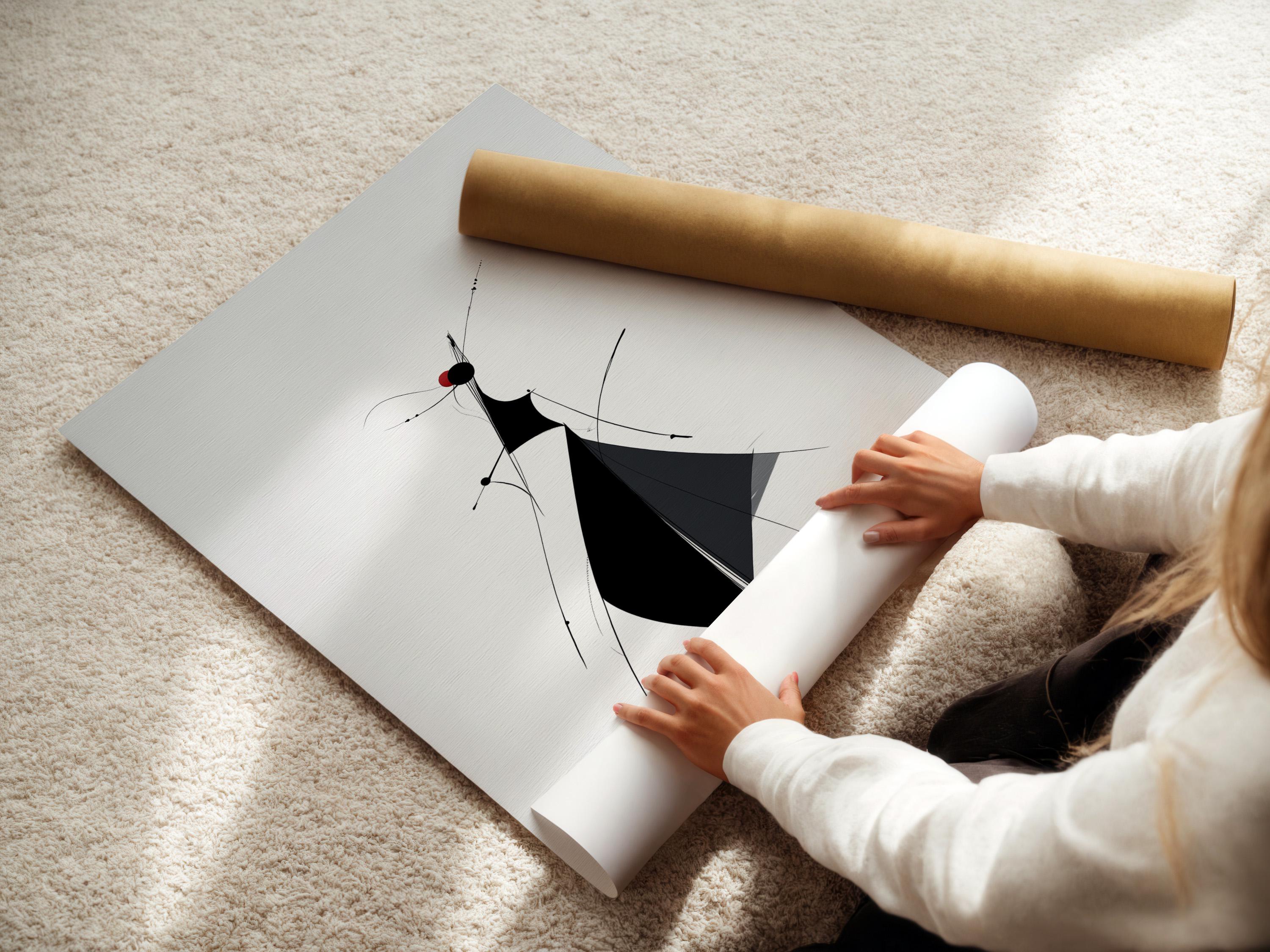 Minimalist line figure artwork with black shapes and deep red accents on a light background detail view