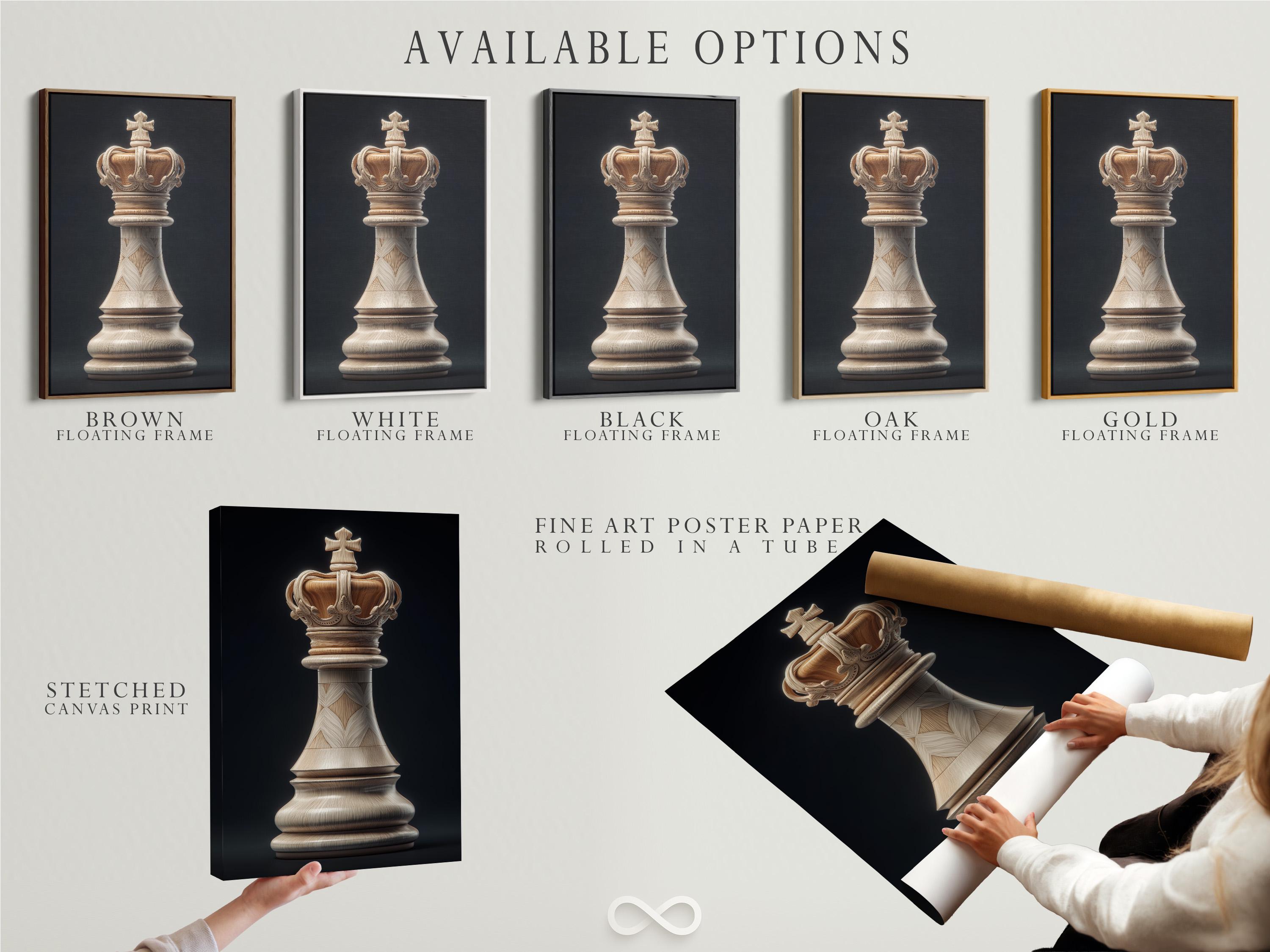 Portrait artwork of a pale wood-textured chess king on a dark charcoal background detail view