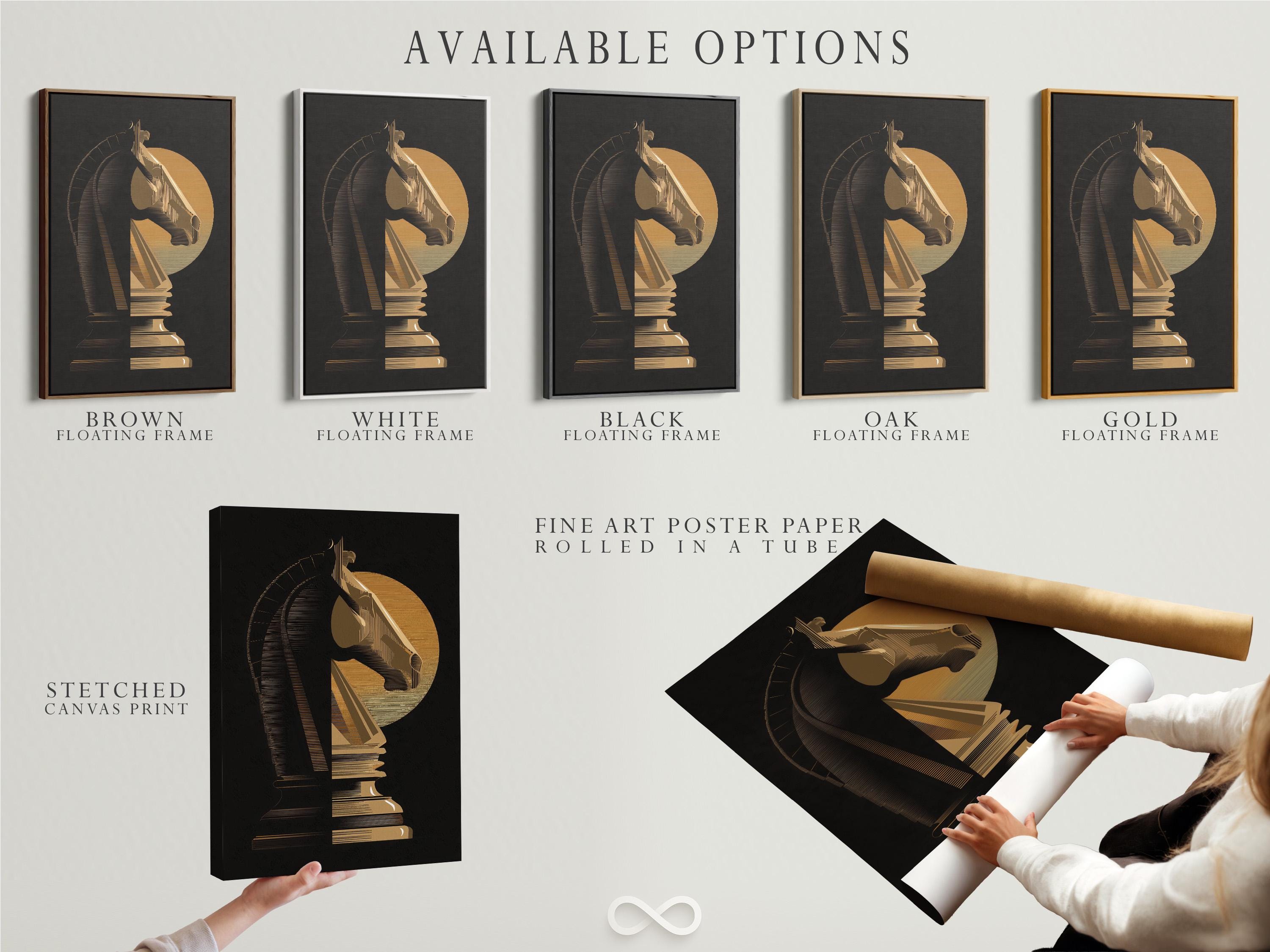 Black and gold chess knight design with curved striped bands detail view