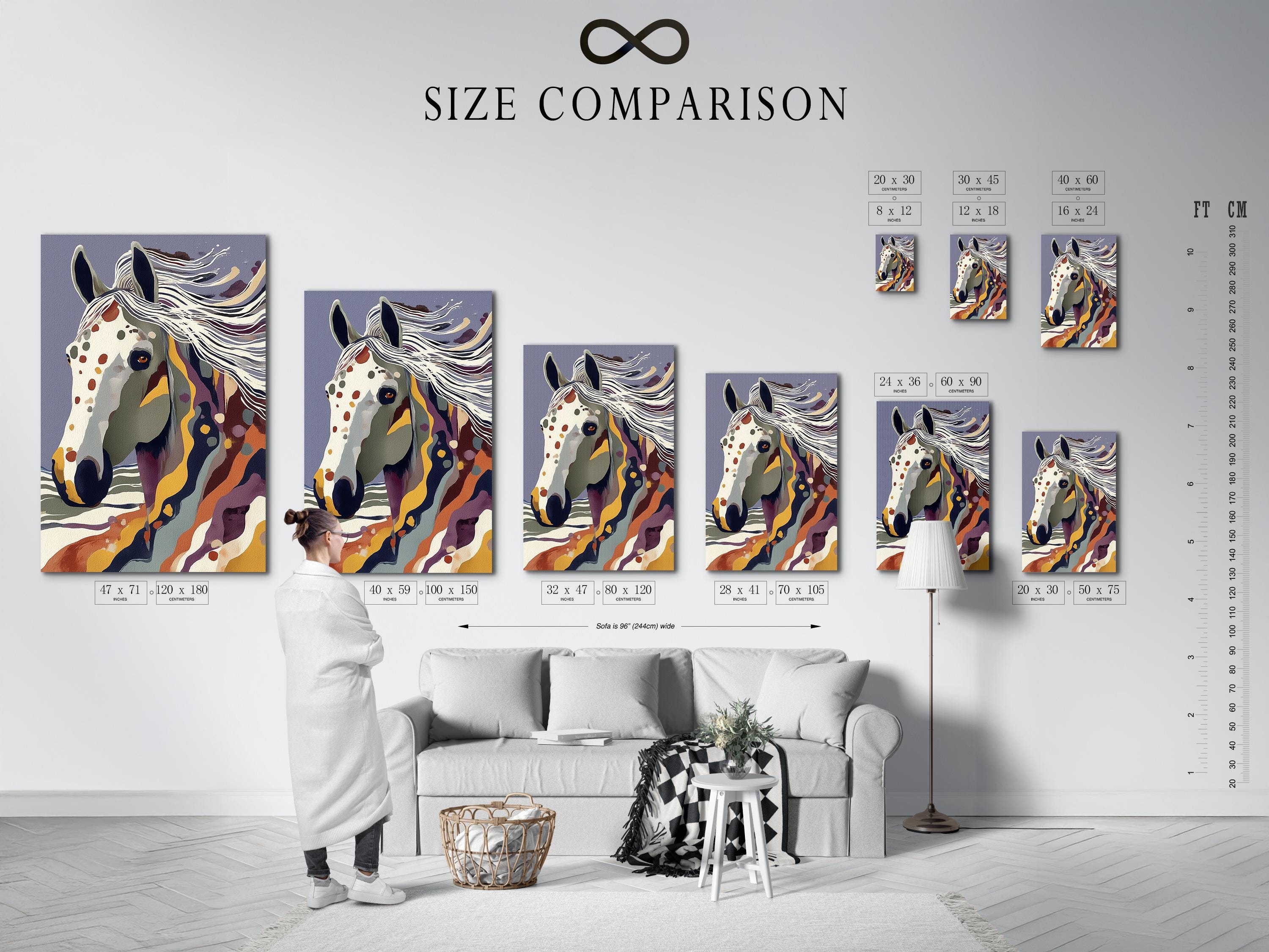 Stylised horse portrait with flowing stripes in blue, purple, cream and gold tones detail view