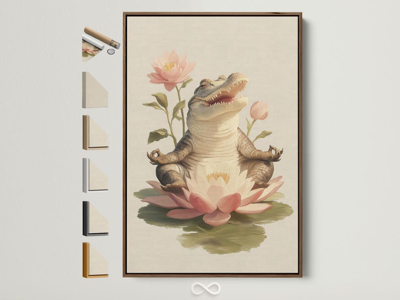 Grey alligator resting on pale pink and cream lotus flowers with green leaves on a light background