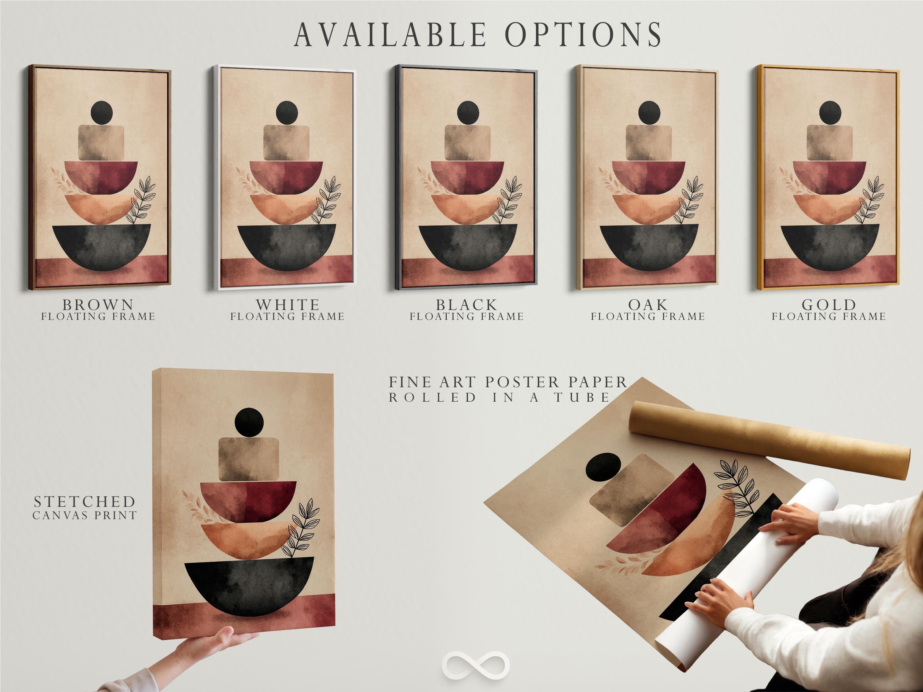 Geometric abstract artwork with stacked curved shapes in black and terracotta on a warm beige background and small leaf linework detail view